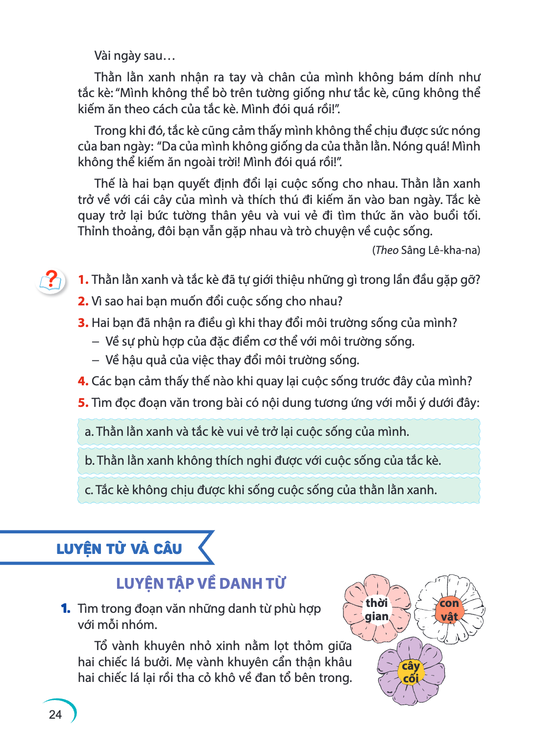 Vài ngày sau… Thằn lằn xanh nhận ra tay và chân của mình không bám dính như tắc kè: "Mình không thể bò trên tường giống như tắc kè, cũng không thể kiếm ăn theo 