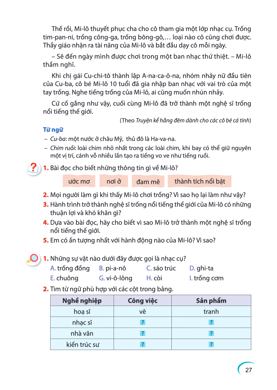 Thế rồi, Mi-lô thuyết phục cha cho cô tham gia một lớp nhạc cụ. Trống tim-pan-ni, trống công-ga, trống bông-gô,... loại nào cô cũng chơi được. Thầy giáo nhận ra