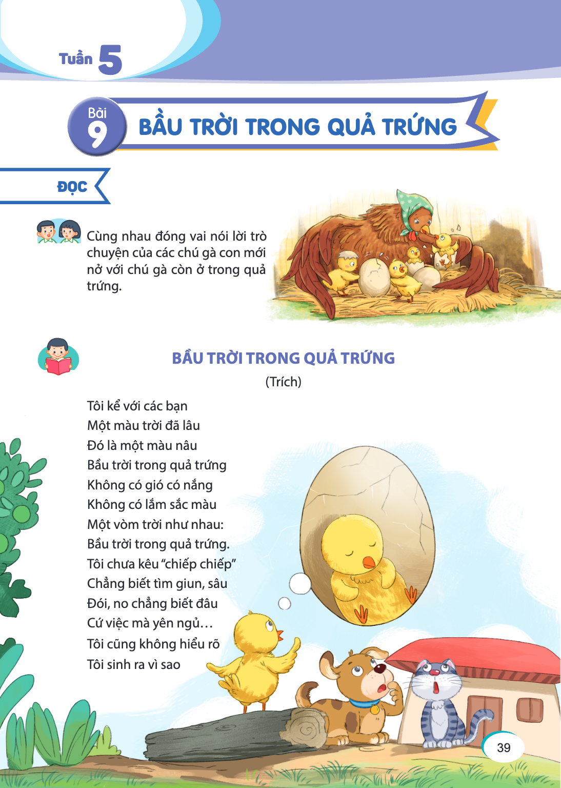 Tuần 5 Bài 9 BẦU TRỜI TRONG QUẢ TRỨNG ĐỌC Cùng nhau đóng vai nói lời trò chuyện của các chú gà con mới nở với chú gà còn ở trong quả trứng. BẦU TRỜI TRONG QUẢ T