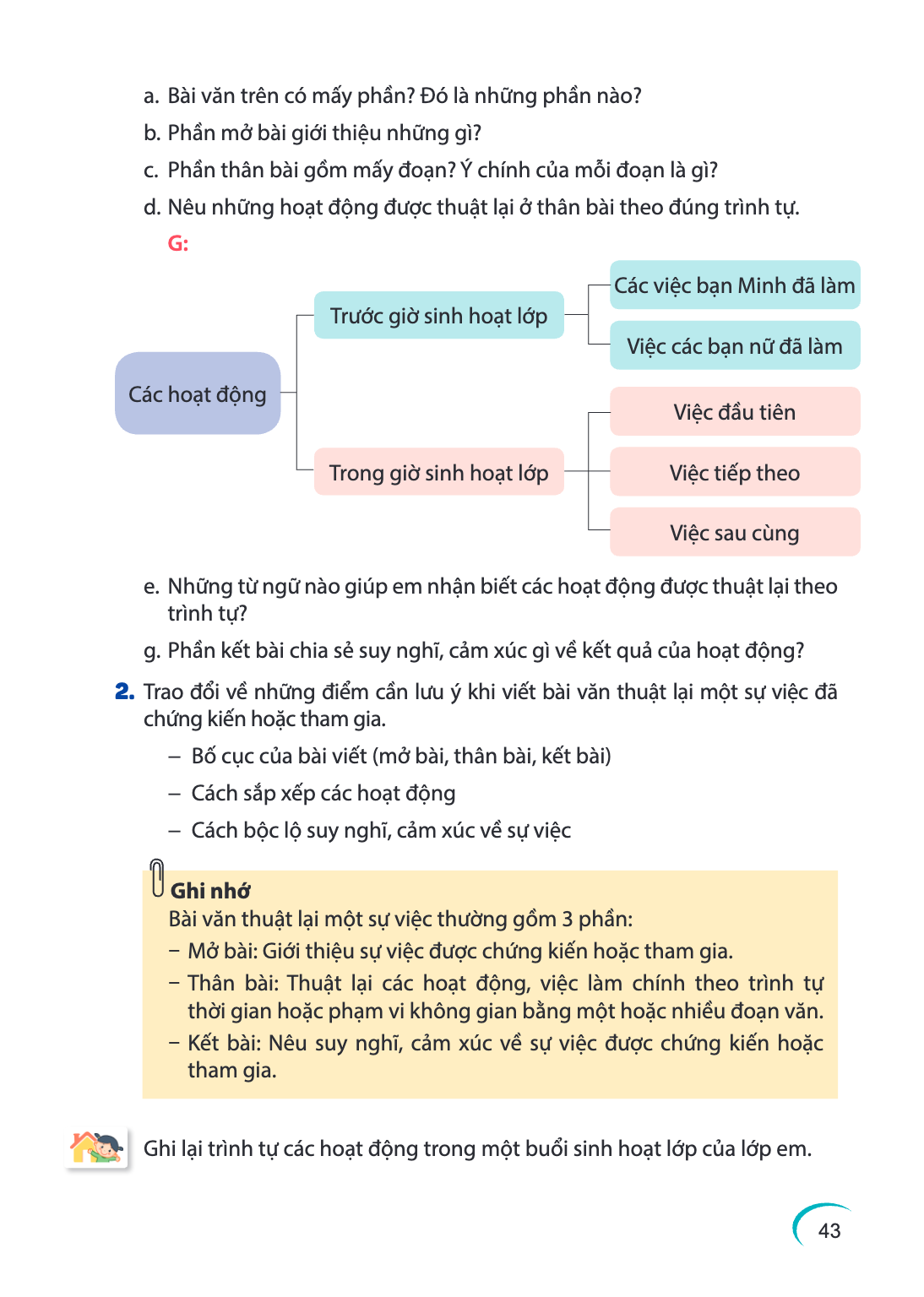 a. Bài văn trên có mấy phần? Đó là những phần nào? b. Phần mở bài giới thiệu những gì? c. Phần thân bài gồm mấy đoạn? Ý chính của mỗi đoạn là gì? d. Nêu những h