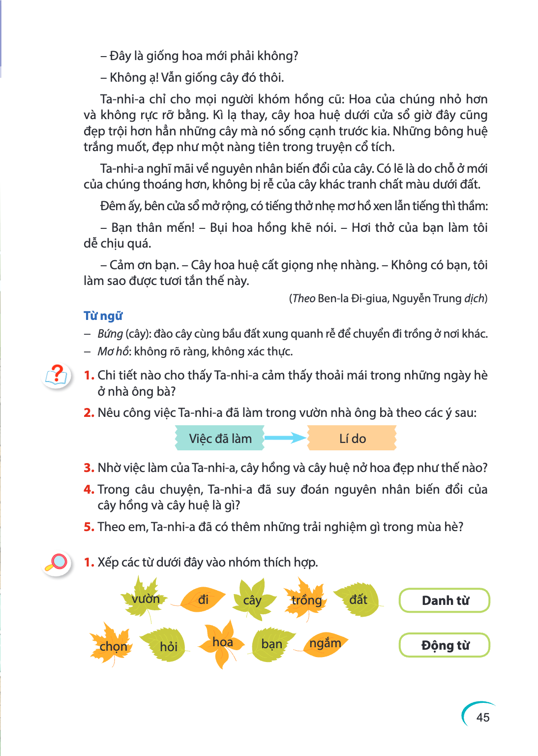 Đây là giống hoa mới phải không? - Không ạ! Vẫn giống cây đó thôi. Ta-nhi-a chỉ cho mọi người khóm hồng cũ: Hoa của chúng nhỏ hơn và không rực rỡ bằng. Kì lạ th