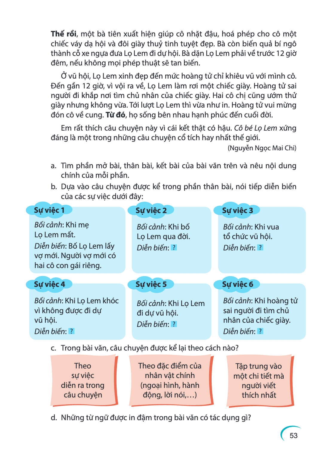 Thế rồi, một bà tiên xuất hiện giúp cô nhặt đậu, hoá phép cho cô một chiếc váy dạ hội và đôi giày thuỷ tinh tuyệt đẹp. Bà còn biến quả bí ngô thành cỗ xe ngựa đ