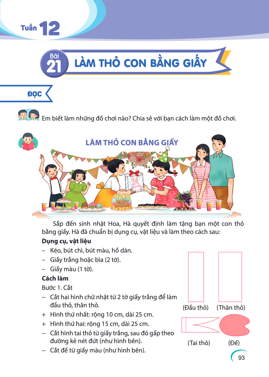 Tuần 12 Bài 21. Bài 21 ĐỌC Em biết làm những đồ chơi nào? Chia sẻ với bạn cách làm một đồ chơi. LÀM THỎ CON BẰNG GIẤY Sắp đến sinh nhật Hoa, Hà quyết định làm t