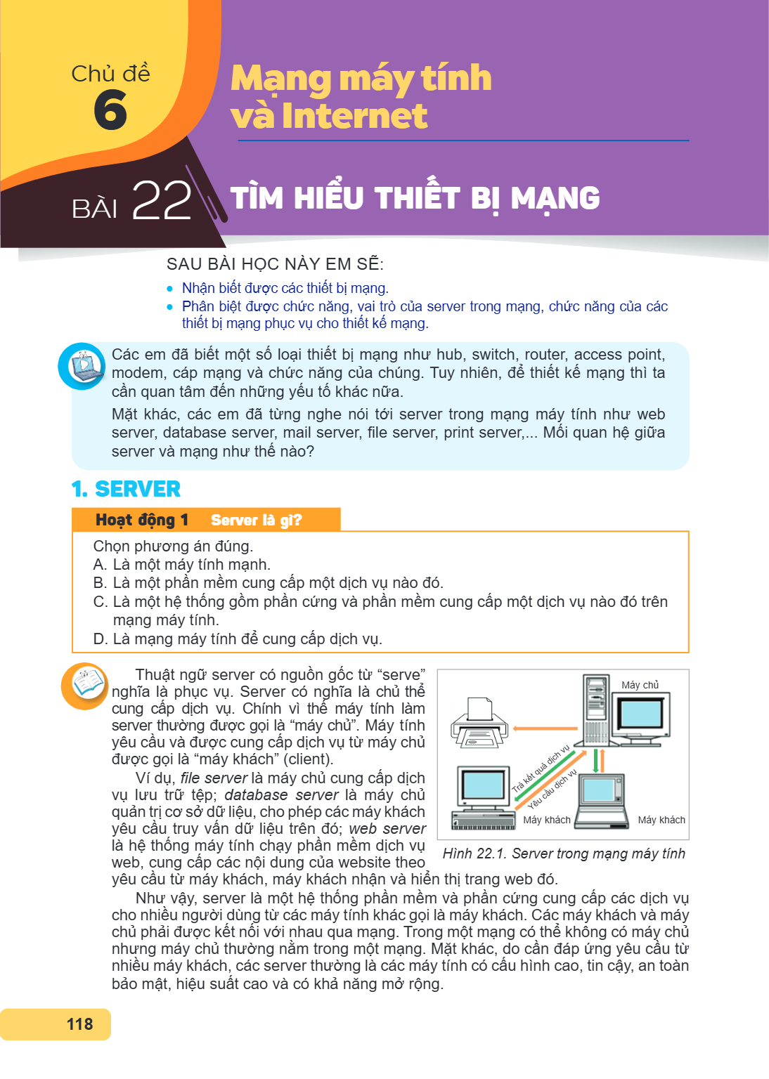 Chủ đề 6. Mạng máy tính và Internet Bài 22. Tìm hiểu thiết bị mạng. SAU BÀI HỌC NÀY EM SẼ: Nhận biết được các thiết bị mạng. Phân biệt được chức năng, vai trò c