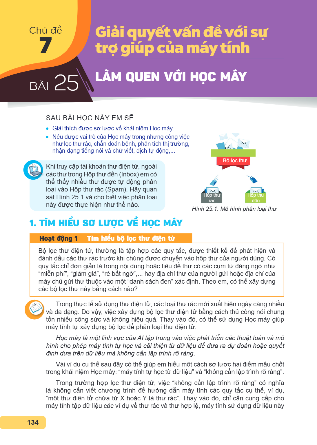 CHỦ ĐỀ 7. Giải quyết vấn đề với sự trợ giúp của máy tính Bài 25. Làm quen với Học máy SAU BÀI HỌC NÀY EM SẼ: Giải thích được sơ lược về khái niệm Học máy. Nêu đ