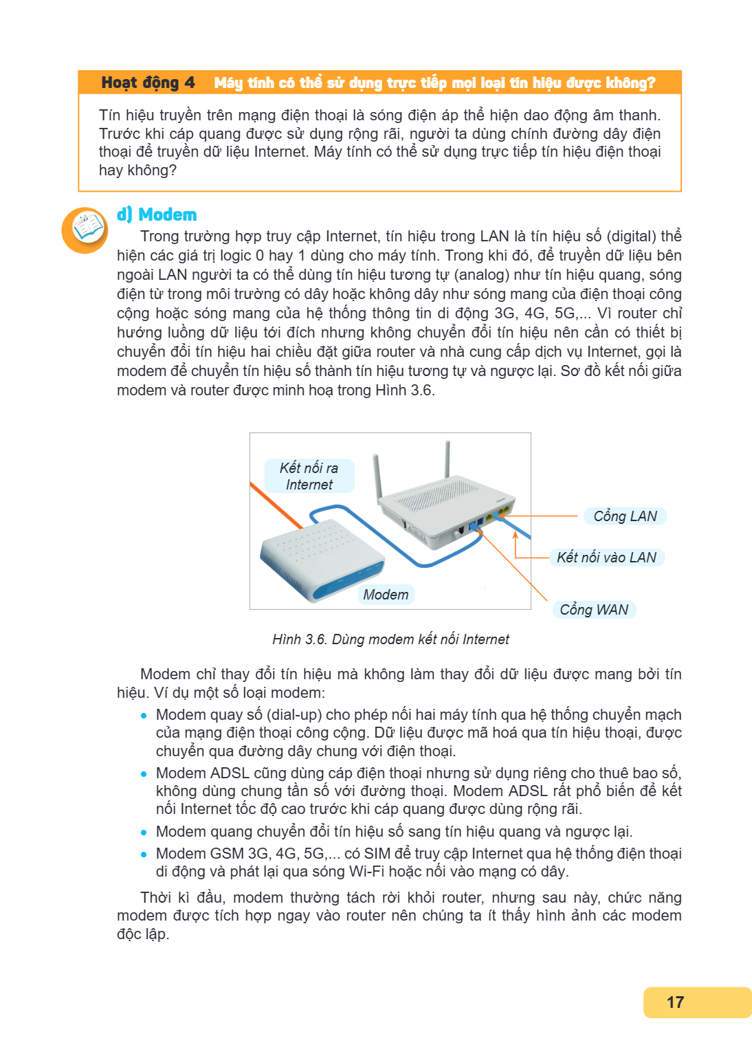 Hoạt động 4 Máy tính có thể sử dụng trực tiếp mọi loại tín hiệu được không? Tín hiệu truyền trên mạng điện thoại là sóng điện áp thể hiện dao động âm thanh. Trư