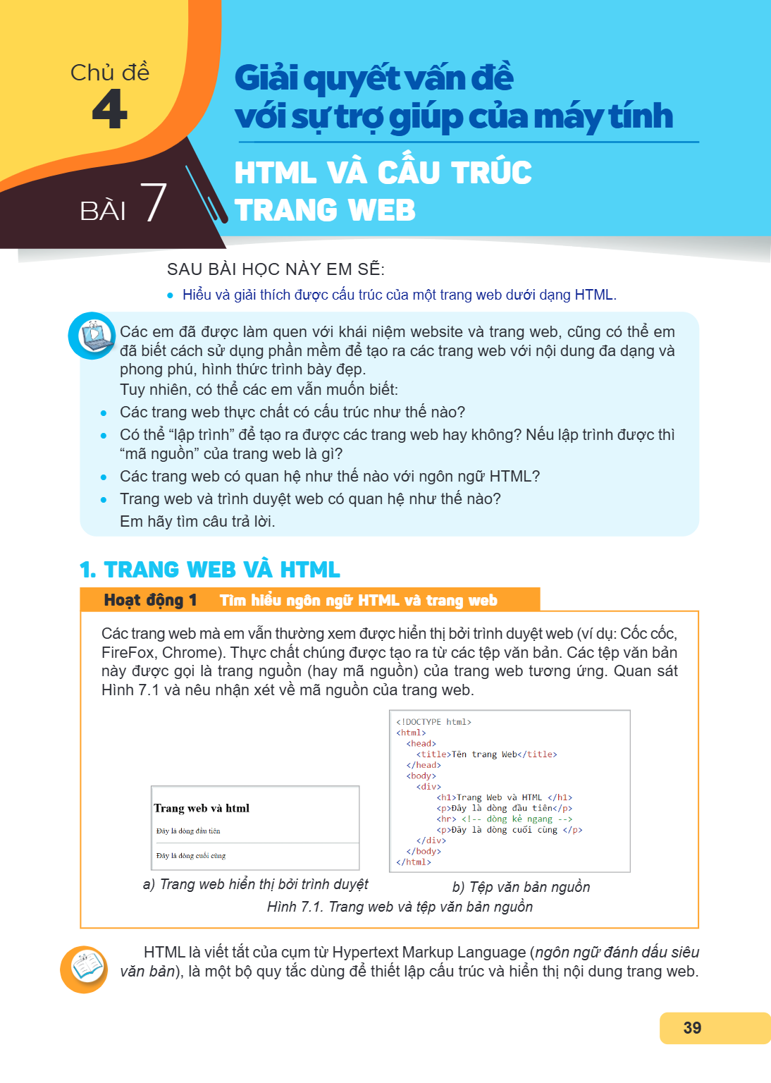 CHỦ ĐỀ 4. Giải quyết vấn đề với sự trợ giúp của máy tính Bài 7. HTML và cấu trúc trang web SAU BÀI HỌC NÀY EM SẼ: Hiểu và giải thích được cấu trúc của một trang