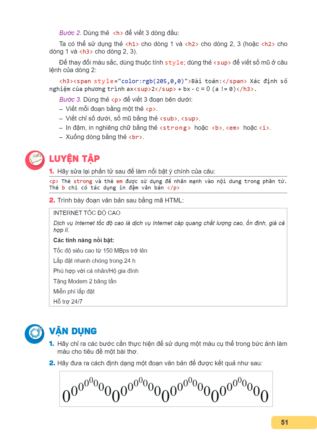 Bước 2. Dùng thẻ <h> để viết 3 dòng đầu: Ta có thể sử dụng thẻ cho dòng 1 và cho dòng 2, 3 (hoặc cho dòng 1 và cho dòng 2, 3). Để thay đổi màu sắc, dùng thuộc t
