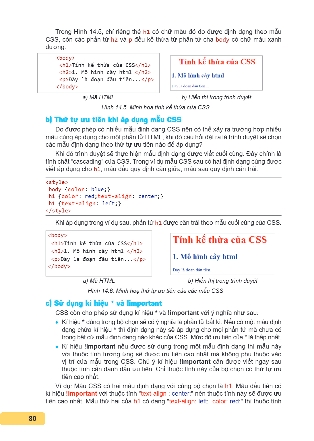 Trong Hình 14.5, chỉ riêng thẻ h1 có chữ màu đỏ do được định dạng theo mẫu CSS, còn các phần tử h2 và p đều kế thừa từ phần tử cha body có chữ màu xanh dương. <