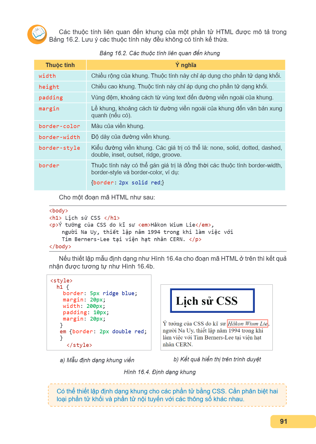 Các thuộc tính liên quan đến khung của một phần tử HTML được mô tả trong Bảng 16.2. Lưu ý các thuộc tính này đều không có tính kế thừa. Bảng 16.2. Các thuộc tín