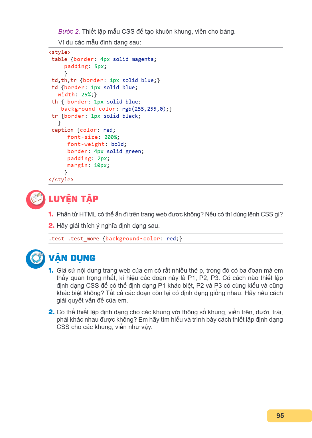 Bước 2. Thiết lập mẫu CSS để tạo khuôn khung, viền cho bảng. Ví dụ các mẫu định dạng sau: <style> table {border: 4px solid magenta; padding: 5px; } td,th,tr {bo