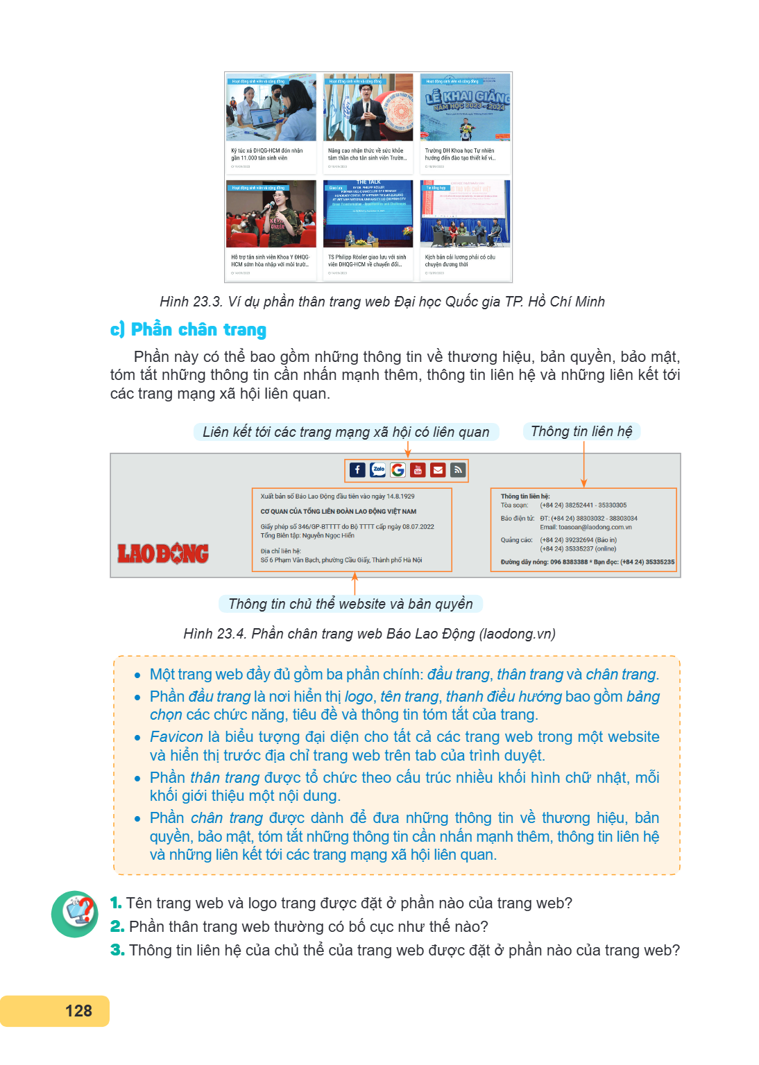 Hình 23.3. Ví dụ phần thân trang web Đại học Quốc gia TP. Hồ Chí Minh c) Phần chân trang Phần này có thể bao gồm những thông tin về thương hiệu, bản quyền, bảo 