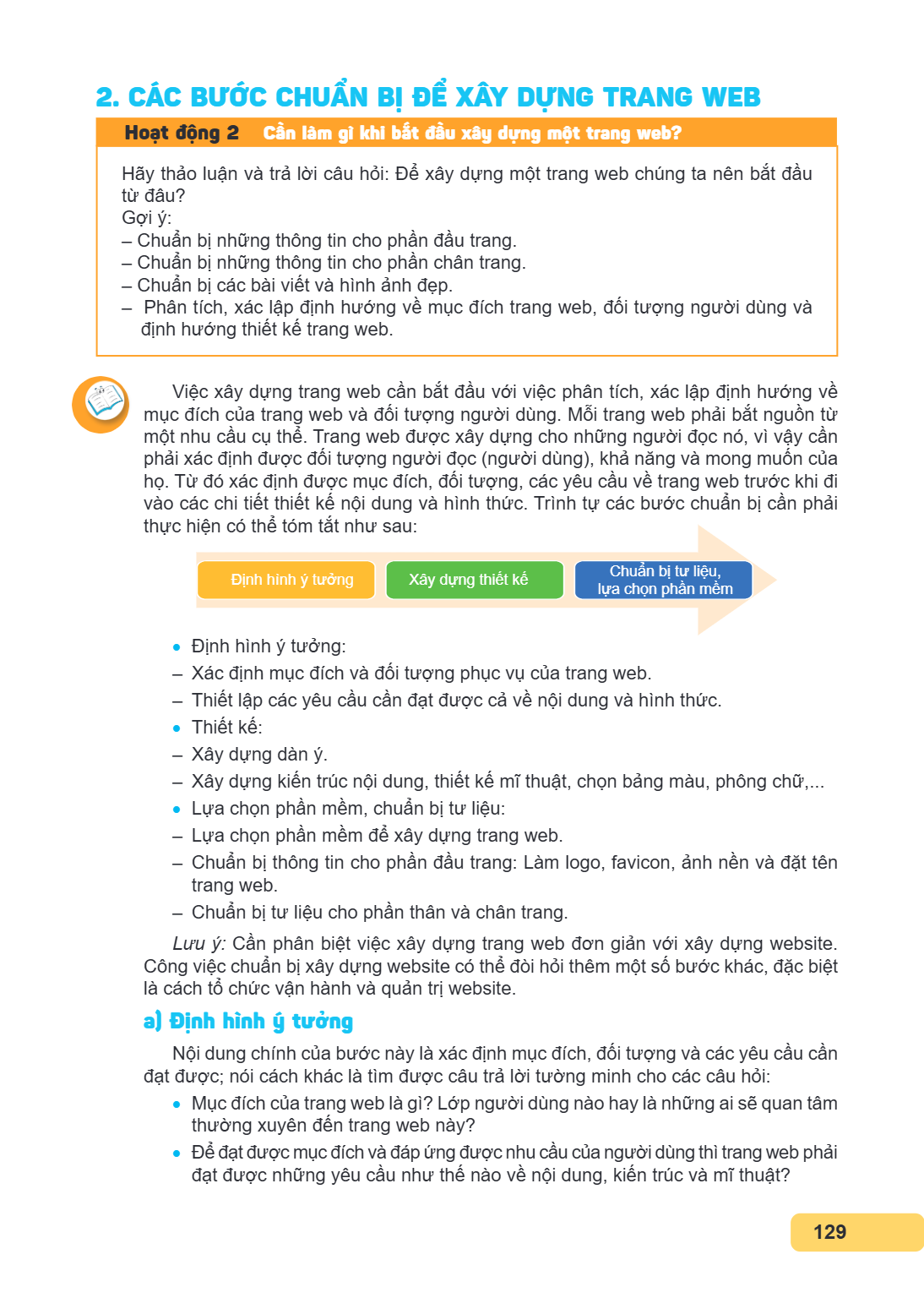 2. CÁC BƯỚC CHUẨN BỊ ĐỂ XÂY DỰNG TRANG WEB Hoạt động 2 Cần làm gì khi bắt đầu xây dựng một trang web? Hãy thảo luận và trả lời câu hỏi: Để xây dựng một trang we