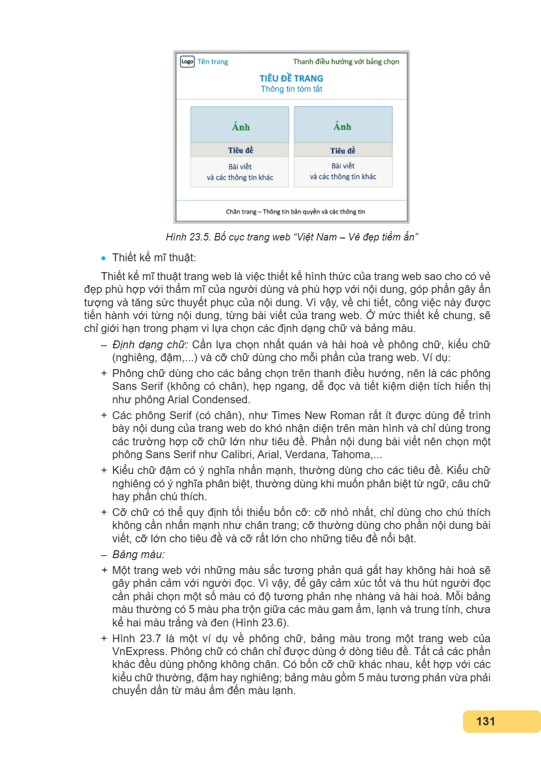 Hình 23.5. Bố cục trang web "Việt Nam - Vẻ đẹp tiềm ẩn" Thiết kế mĩ thuật: Thiết kế mĩ thuật trang web là việc thiết kế hình thức của trang web sao cho có vẻ đẹ