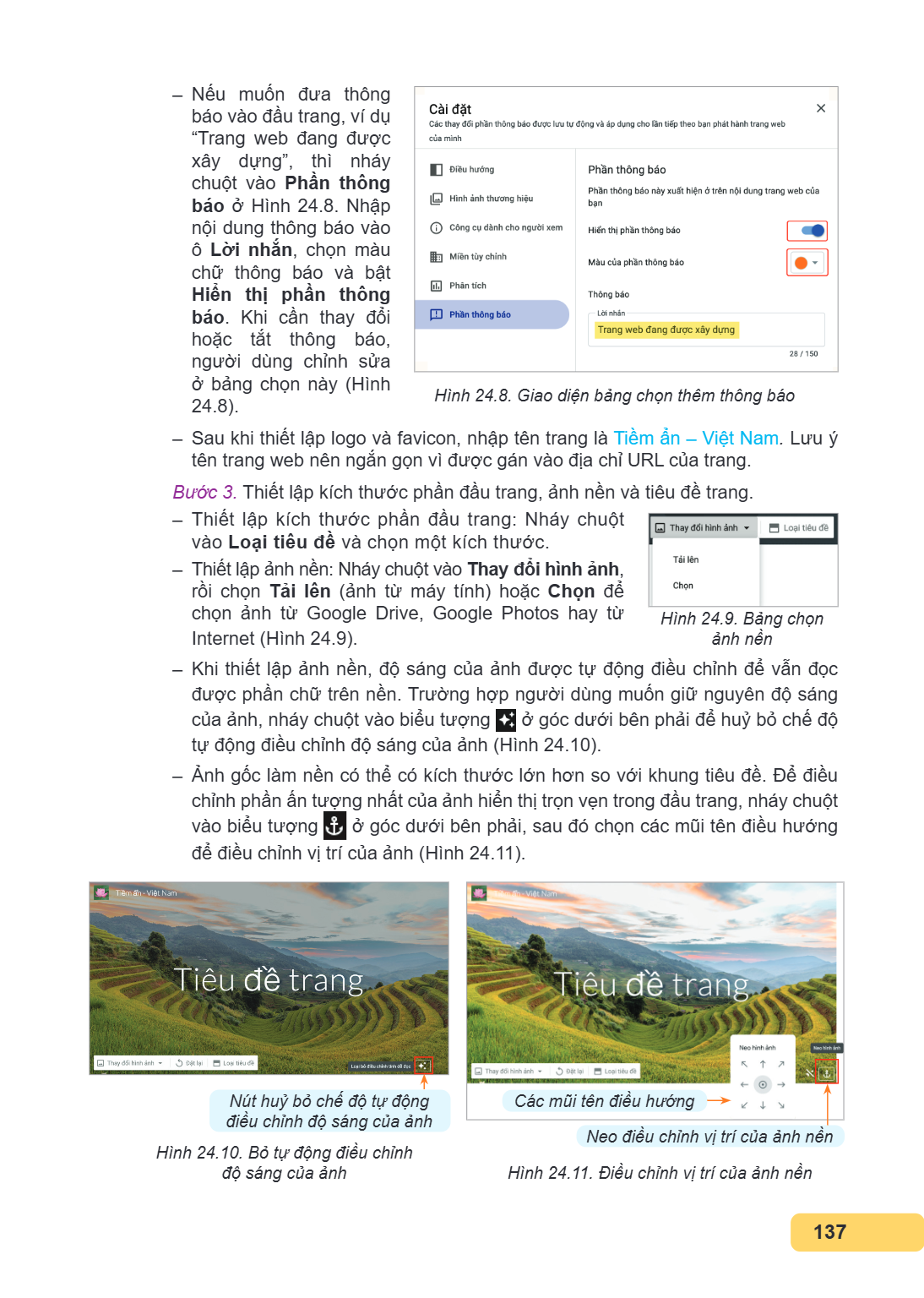 Nếu muốn đưa thông báo vào đầu trang, ví dụ "Trang web đang được xây dựng", thì nháy chuột vào Phần thông báo ở Hình 24.8. Nhập nội dung thông báo vào ô Lời nhắ