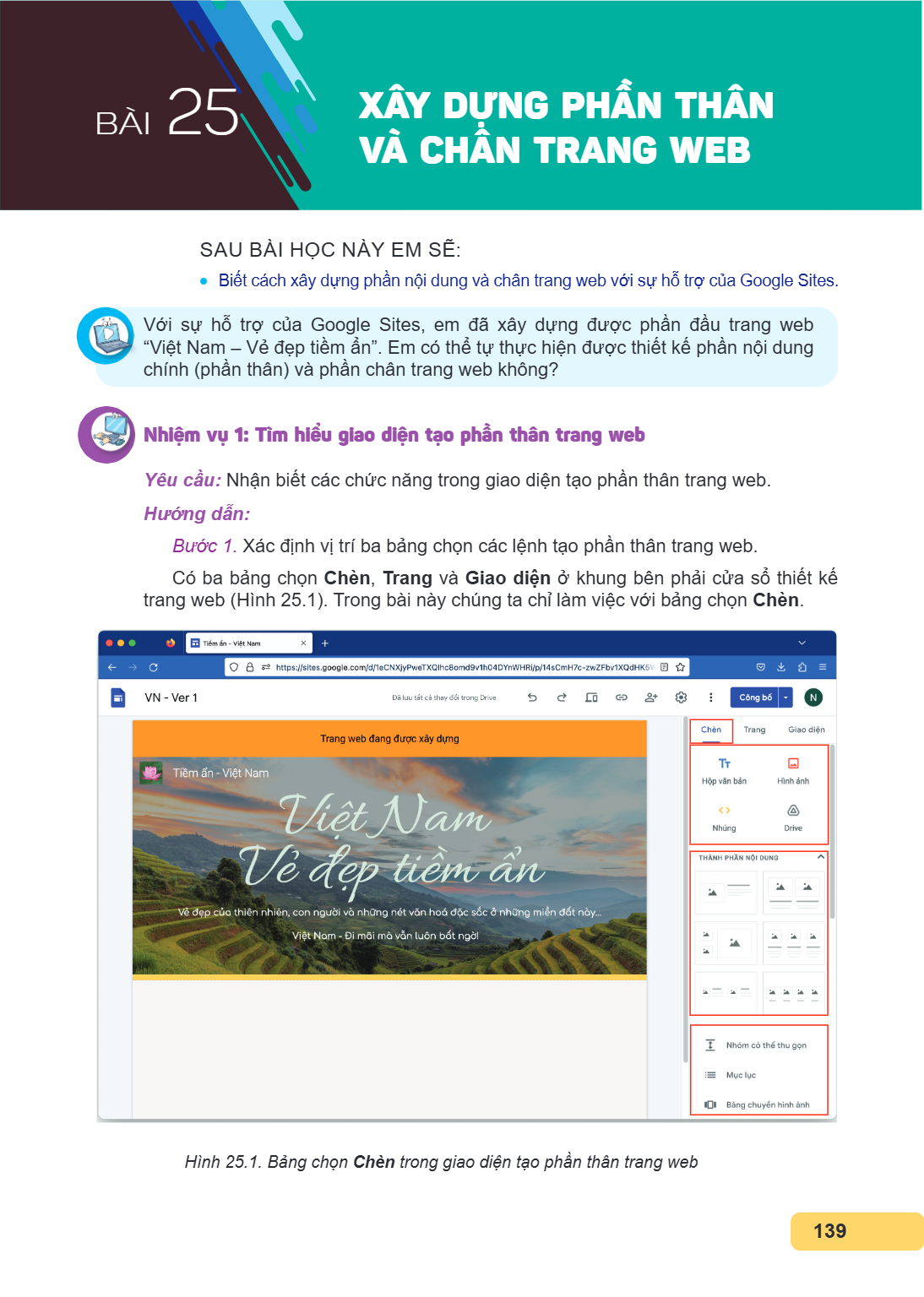 Bài 25. Xây dựng phần thân và chân trang web SAU BÀI HỌC NÀY EM SẼ: Biết cách xây dựng phần nội dung và chân trang web với sự hỗ trợ của Google Sites. Với sự hỗ