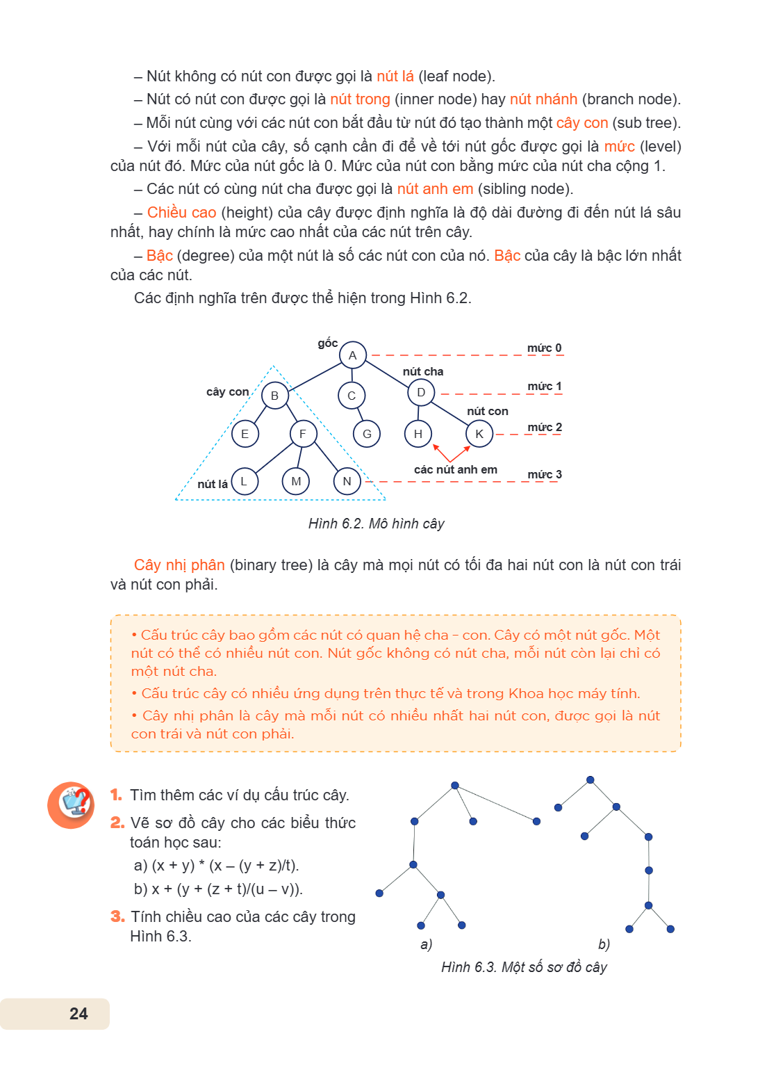Nút không có nút con được gọi là nút lá (leaf node). - Nút có nút con được gọi là nút trong (inner node) hay nút nhánh (branch node). - Mỗi nút cùng với các nút