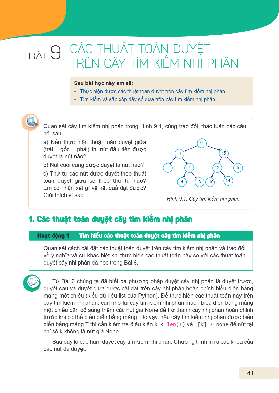 Bài 9. Các thuật toán duyệt trên cây tìm kiếm nhị phân Sau bài học này em sẽ: Thực hiện được các thuật toán duyệt trên cây tìm kiếm nhị phân. Tìm kiếm và sắp xế