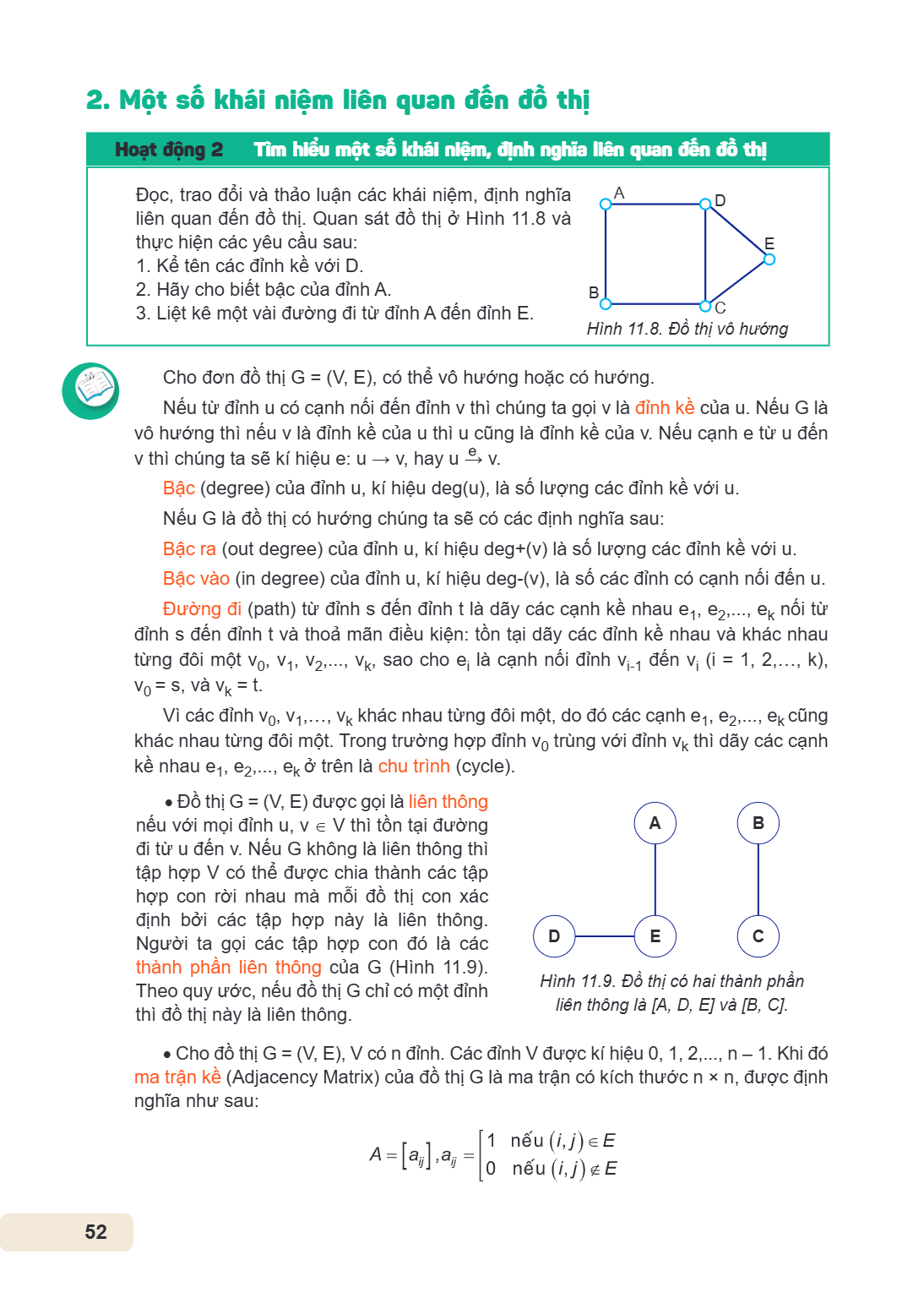 2. Một số khái niệm liên quan đến đồ thị Hoạt động 2 Tìm hiểu một số khái niệm, định nghĩa liên quan đến đồ thị Đọc, trao đổi và thảo luận các khái niệm, định n