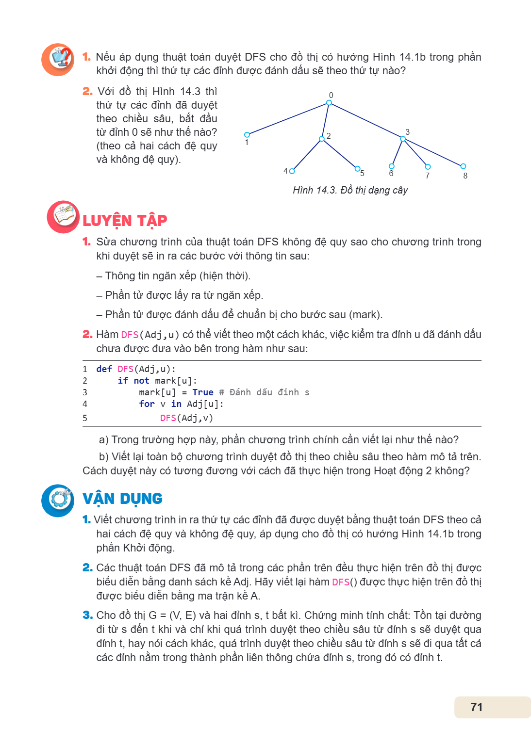 Nếu áp dụng thuật toán duyệt DFS cho đồ thị có hướng Hình 14.1b trong phần khởi động thì thứ tự các đỉnh được đánh dấu sẽ theo thứ tự nào? Với đồ thị Hình 14.3 