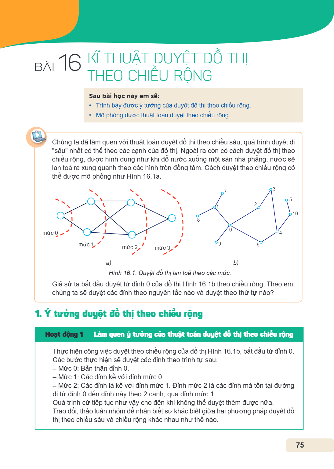 Bài 16. Kĩ thuật duyệt đồ thị theo chiều rộng Sau bài học này em sẽ: Trình bày được ý tưởng của duyệt đồ thị theo chiều rộng. Mô phỏng được thuật toán duyệt the