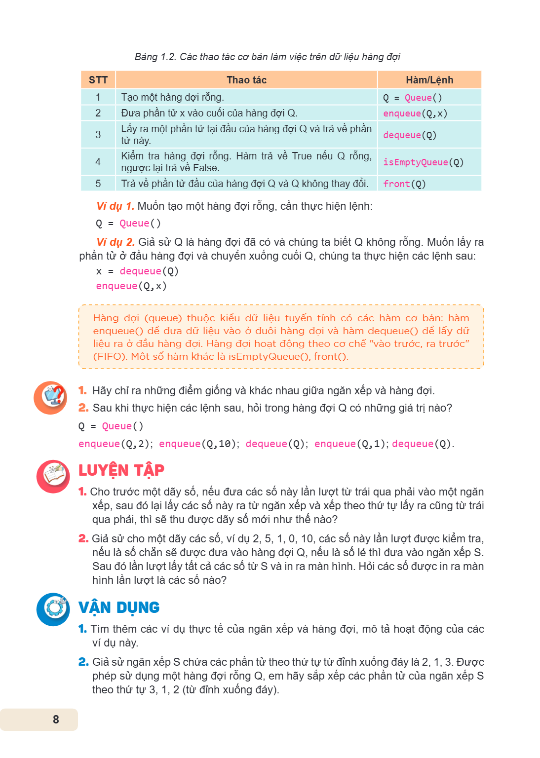 Bảng 1.2. Các thao tác cơ bản làm việc trên dữ liệu hàng đợi STT, Thao tác, Hàm/Lệnh 1, Tạo một hàng đợi rỗng., Q = Queue() 2, Đưa phần tử x vào cuối của hàng đ