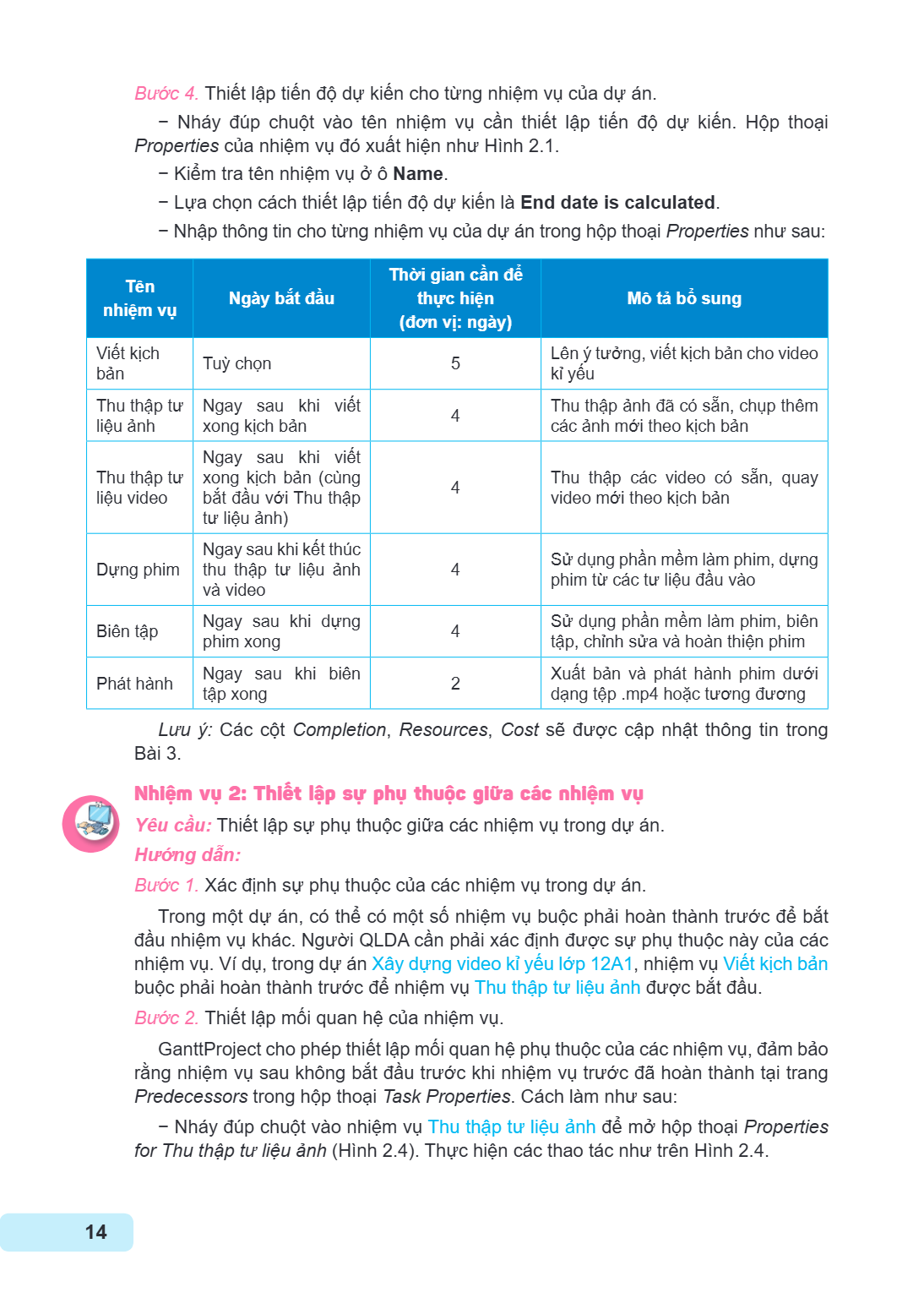 Bước 4. Thiết lập tiến độ dự kiến cho từng nhiệm vụ của dự án. – Nháy đúp chuột vào tên nhiệm vụ cần thiết lập tiến độ dự kiến. Hộp thoại Properties của nhiệm v