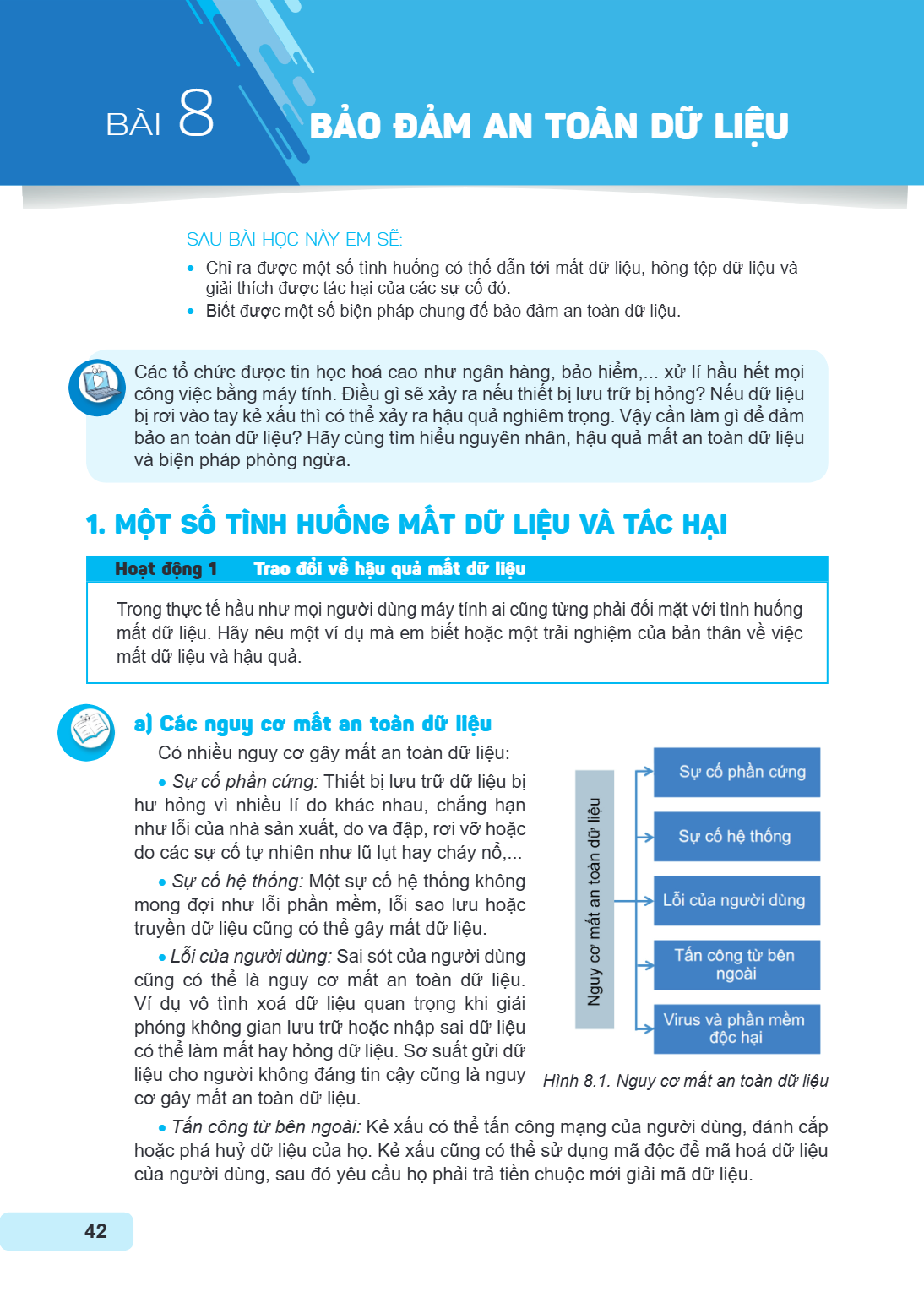 Bài 8. Bảo đảm an toàn dữ liệu SAU BÀI HỌC NÀY EM SẼ: Chỉ ra được một số tình huống có thể dẫn tới mất dữ liệu, hỏng tập dữ liệu và giải thích được tác hại của 