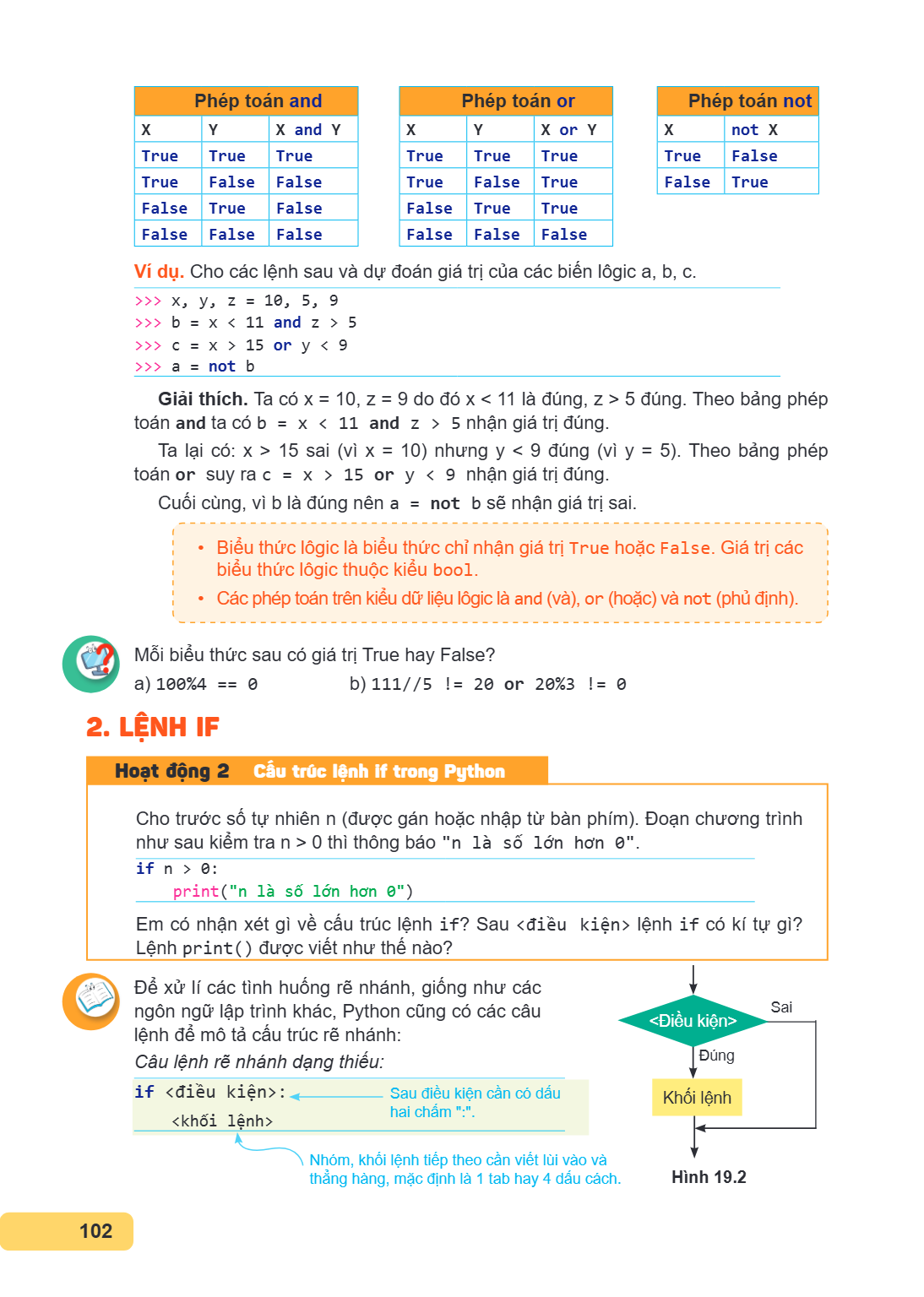 Phép toán and X True True False False Phép toán or X True True False False Phép toán not X True False Ví dụ. Cho các lệnh sau và dự đoán giá trị của các biến lo