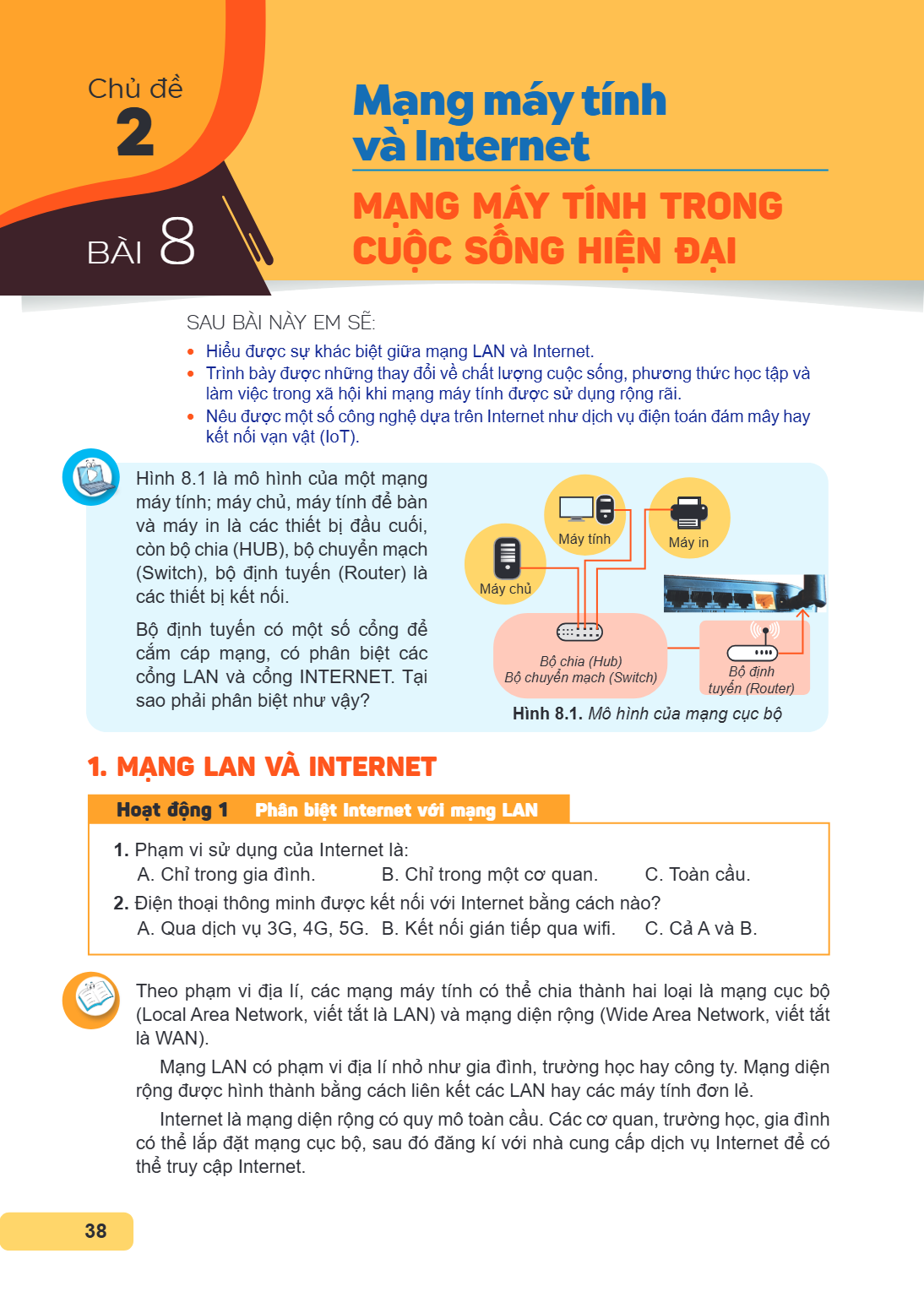 CHỦ ĐỀ 2. Mạng máy tính và Internet Bài 8. Mạng máy tính trong cuộc sống hiện đại SAU BÀI NÀY EM SẼ: Hiểu được sự khác biệt giữa mạng LAN và Internet. Trình bày