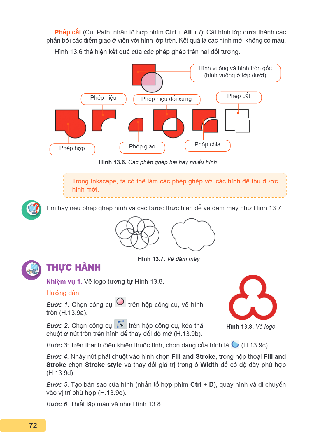 Phép cắt (Cut Path, nhấn tổ hợp phím Ctrl + Alt + /): Cắt hình lớp dưới thành các phần bởi các điểm giao ở viền với hình lớp trên. Kết quả là các hình mới không