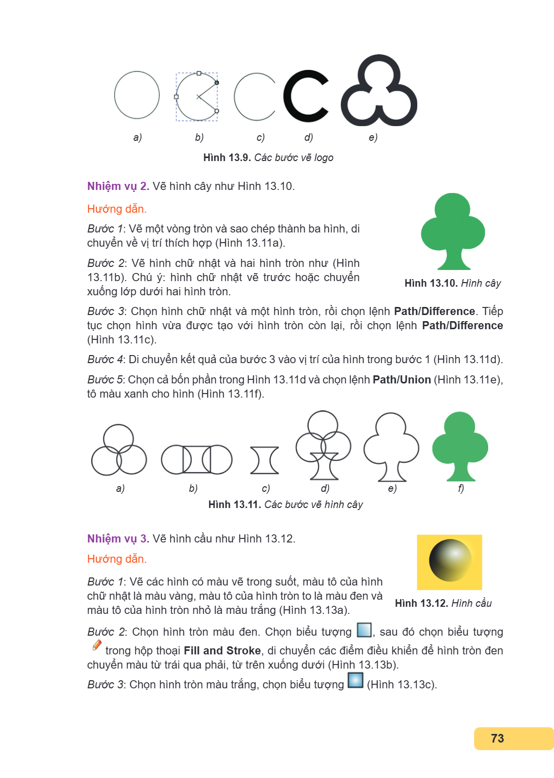a) b) c) d) e) Hình 13.9. Các bước vẽ logo Nhiệm vụ 2. Vẽ hình cây như Hình 13.10. Hướng dẫn. Bước 1: Vẽ một vòng tròn và sao chép thành ba hình, di chuyển về v