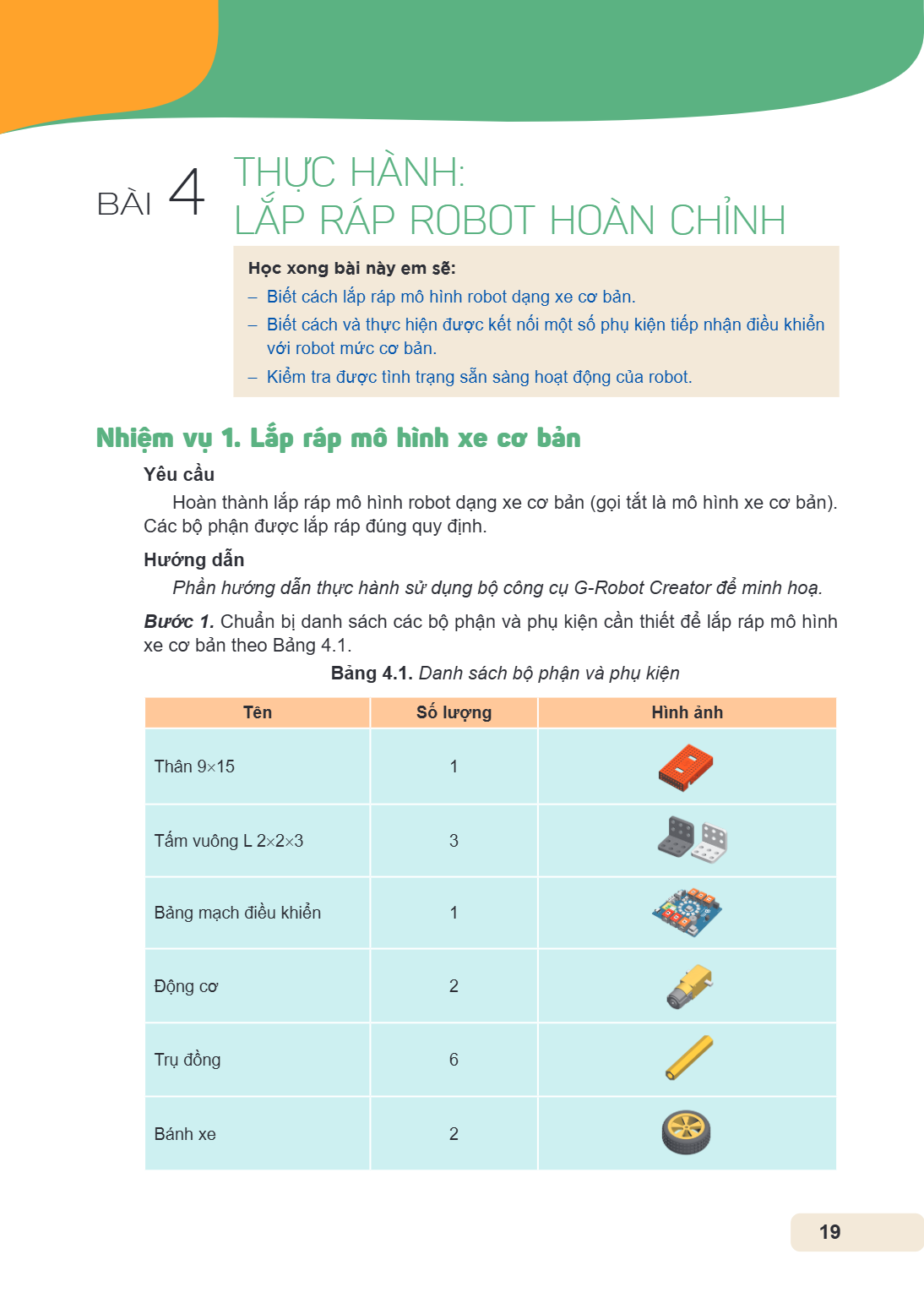 Thực hành: Lắp ráp robot hoàn chỉnh Học xong bài này em sẽ: Biết cách lắp ráp mô hình robot dạng xe cơ bản. Biết cách và thực hiện được kết nối một số phụ kiện 