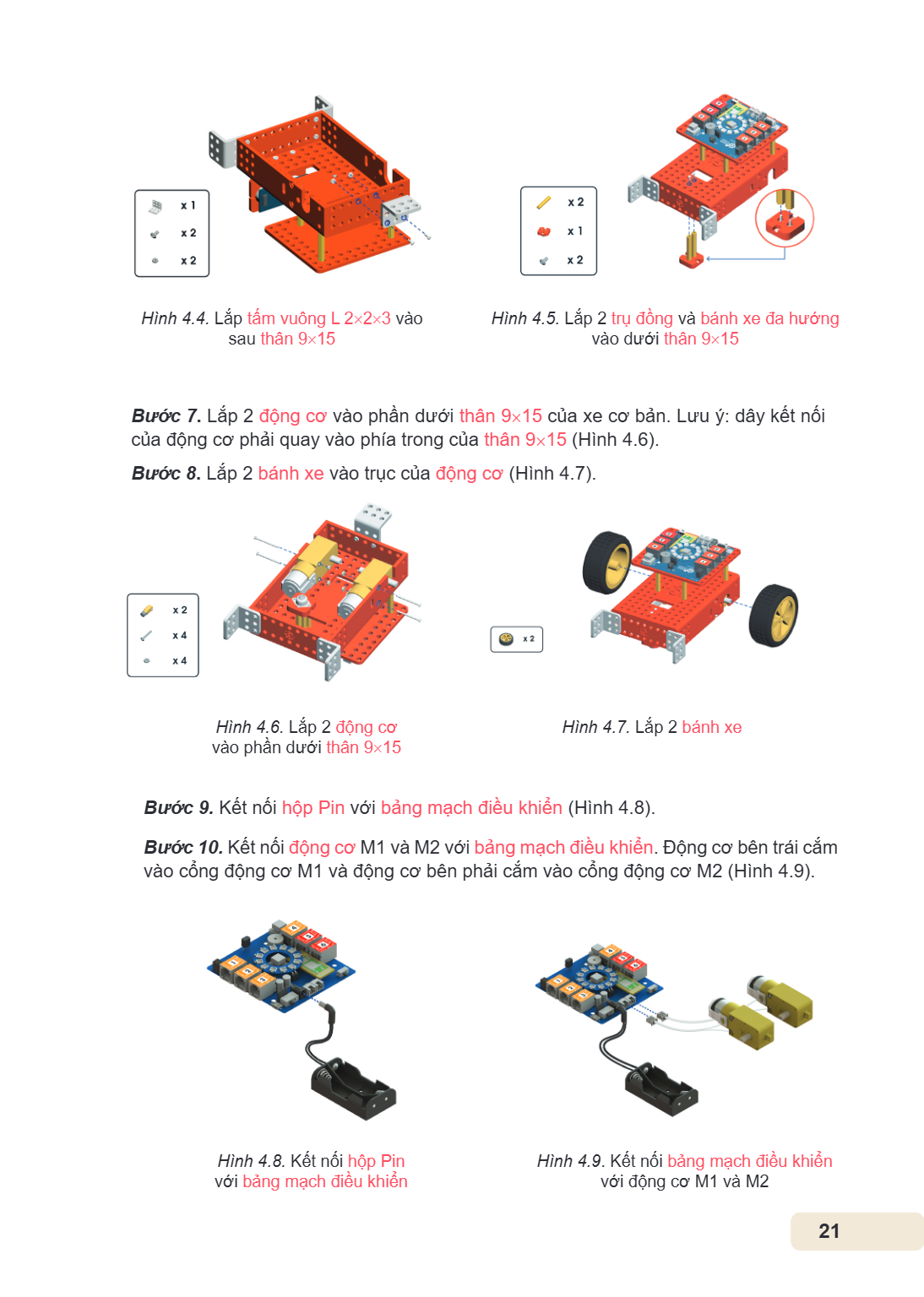 Hình 4.4. Lắp tấm vuông L 2×2×3 vào Hình 4.5. Lắp 2 trụ đồng và bánh xe đa hướng sau thân 9×15 vào dưới thân 9×15 Bước 7. Lắp 2 động cơ vào phần dưới thân 9×15 