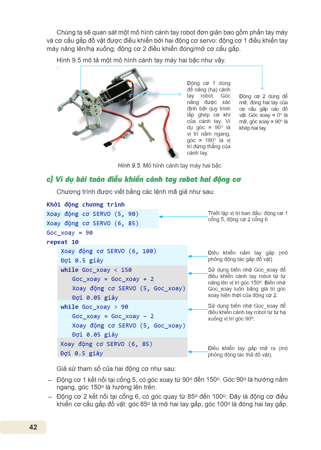 Chúng ta sẽ quan sát một mô hình cánh tay robot đơn giản bao gồm phần tay máy và cơ cấu gắp đồ vật được điều khiển bởi hai động cơ servo: động cơ 1 điều khiển t