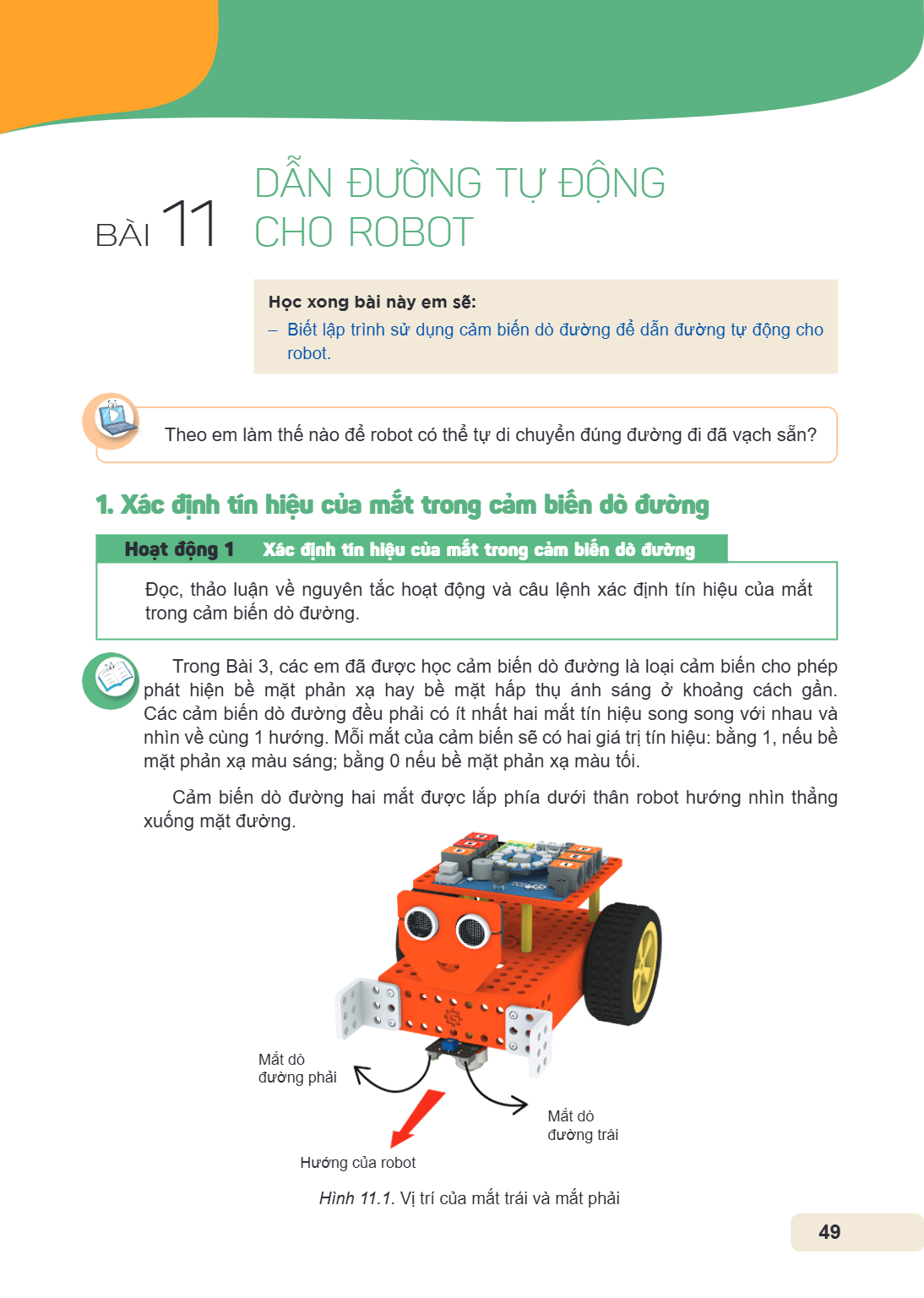 Bài 11. Dẫn đường tự động cho robot Học xong bài này em sẽ: Biết lập trình sử dụng cảm biến dò đường để dẫn đường tự động cho robot. Theo em làm thế nào để robo