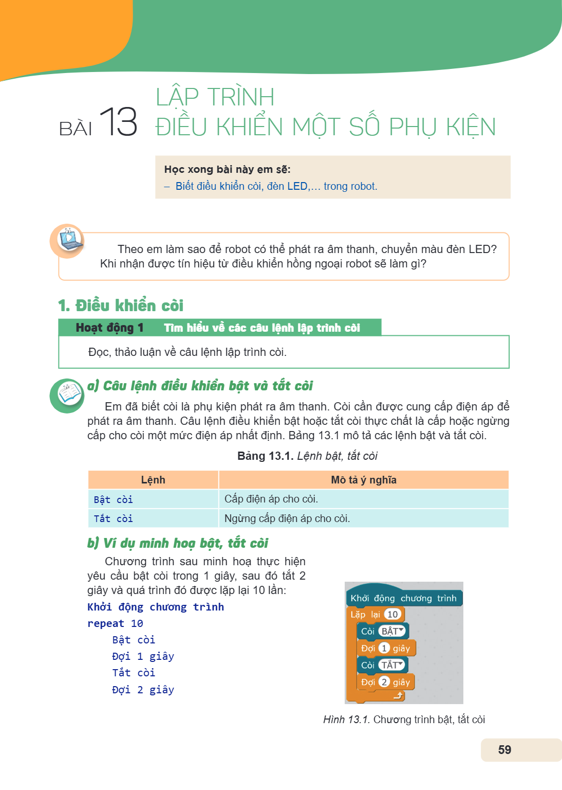 Bài 13. Lập trình điều khiển một số phụ kiện Học xong bài này em sẽ: Biết điều khiển còi, đèn LED,... trong robot. Theo em làm sao để robot có thể phát ra âm th