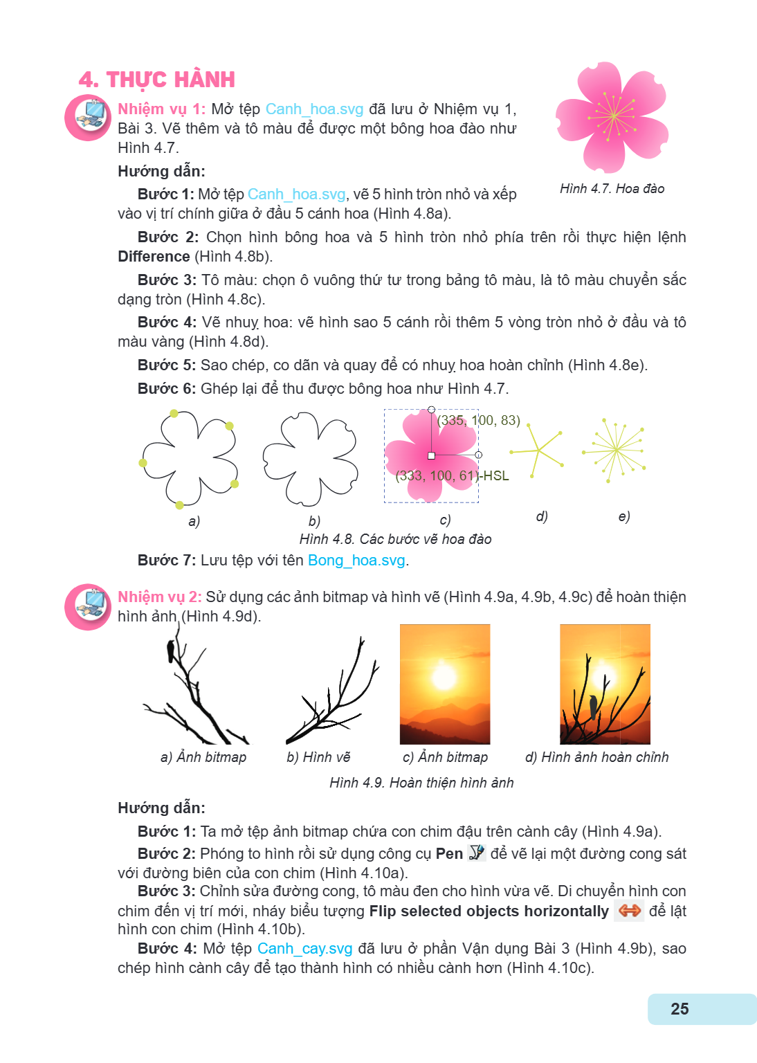 4. THỰC HÀNH Nhiệm vụ 1: mở tệp Canh_hoa.svg đã lưu ở nhiệm vụ 1, Bài 3. Vẽ thêm và tô màu để được một bông hoa đào như hình 4.7. Hướng dẫn: Bước 1: mở tệp Canh