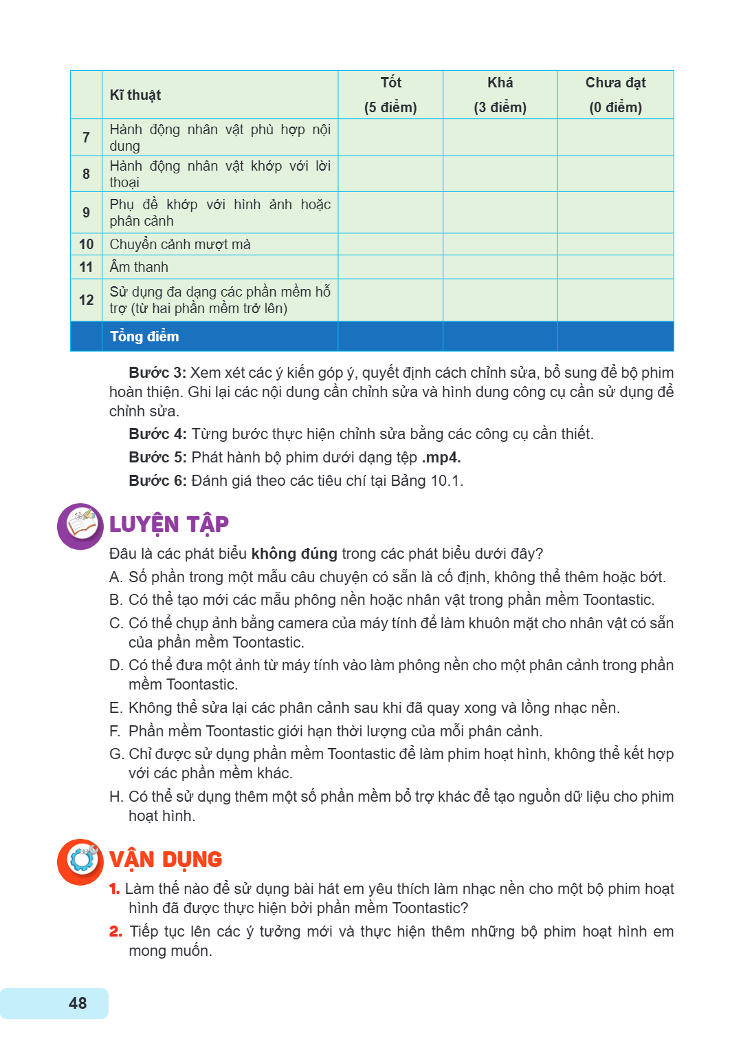 Tốt Khá Chưa đạt Kĩ thuật (5 điểm) (3 điểm) (0 điểm) 7 hành động nhân vật phù hợp nội dung 8 hành động nhân vật khớp với lời thoại 9 Phụ đề khớp với hình ảnh ho