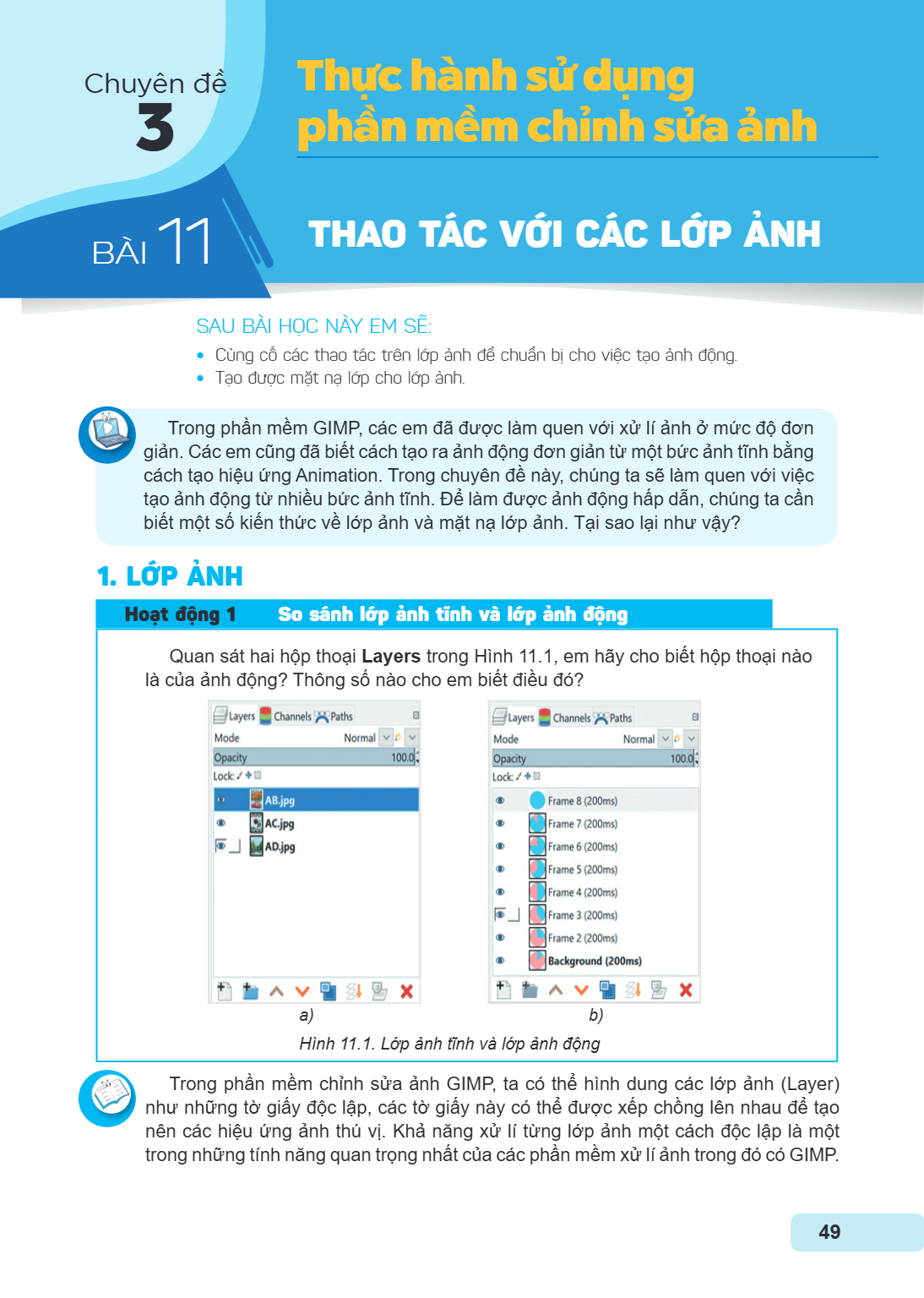Chuyên đề 3. Thực hành sử dụng phần mềm chỉnh sửa ảnh Bài 11. Thao tác với các lớp ảnh SAU BÀI HỌC NÀY EM SẼ: Củng cố các thao tác trên lớp ảnh để chuẩn bị cho 