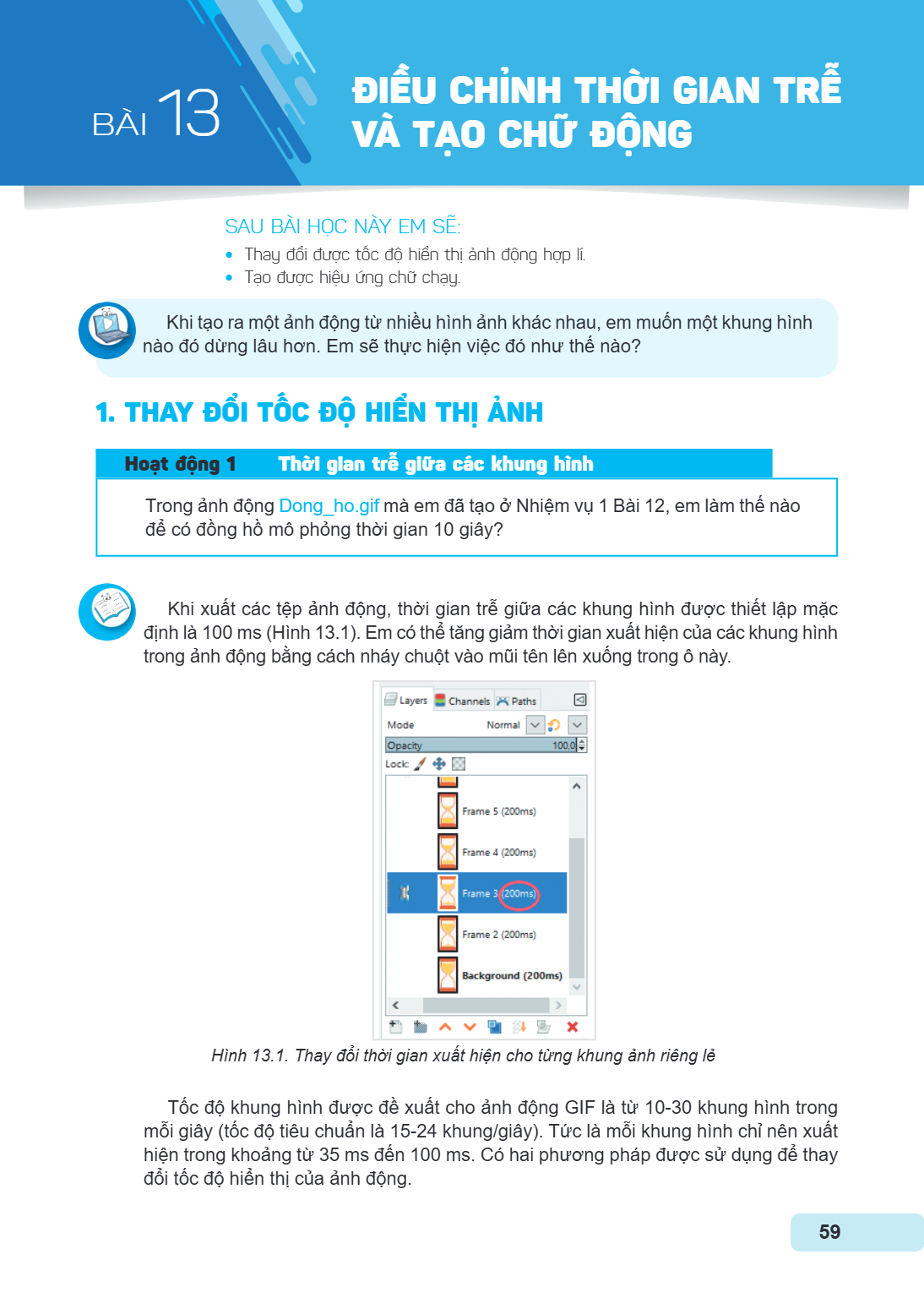 Bài 13. Điều chỉnh thời gian trễ và tạo chữ động SAU BÀI HỌC NÀY EM SẼ: Thay đổi được tốc độ hiển thị ảnh động hợp lí. Tạo được hiệu ứng chữ chạy. Khi tạo ra mộ