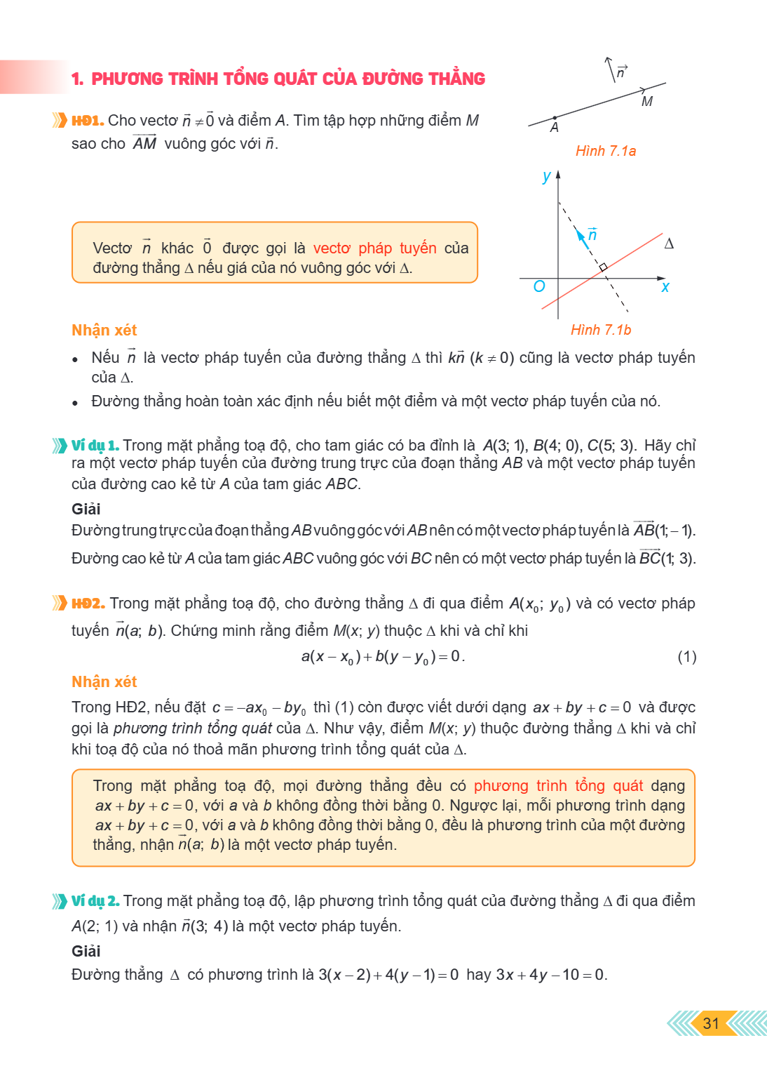 1. PHƯƠNG TRÌNH TỔNG QUÁT CỦA ĐƯỜNG THẲNG Hình 7.1a HĐ1. Cho vectơ $\vec{n} \neq \vec{0}$ và điểm $A$. Tìm tập hợp những điểm $M$ sao cho $\overrightarrow{AM}$ 