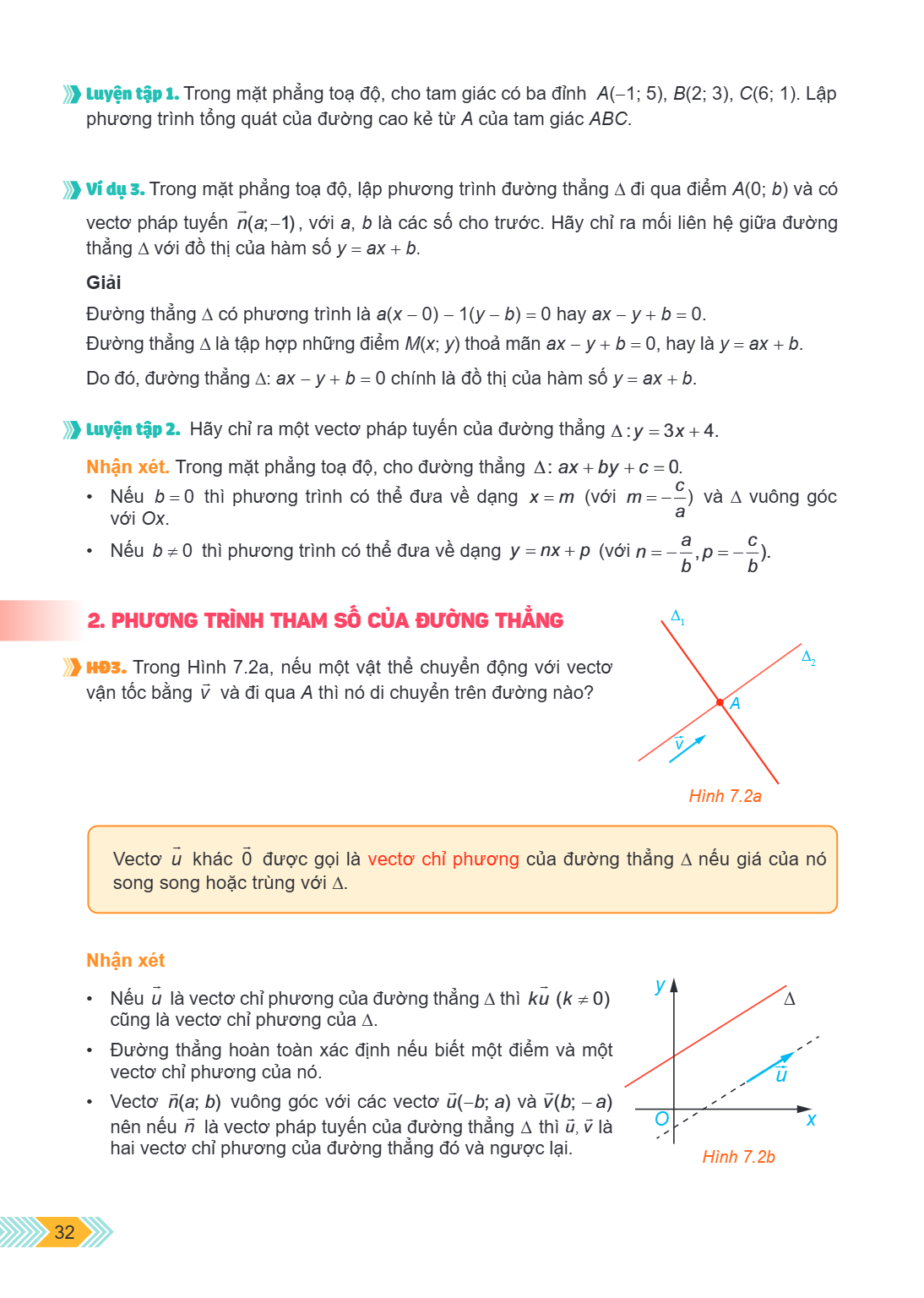 Luyện tập 1. Trong mặt phẳng toạ độ, cho tam giác có ba đỉnh $A(-1; 5)$, $B(2; 3)$, $C(6; 1)$. Lập phương trình tổng quát của đường cao kẻ từ $A$ của tam giác $