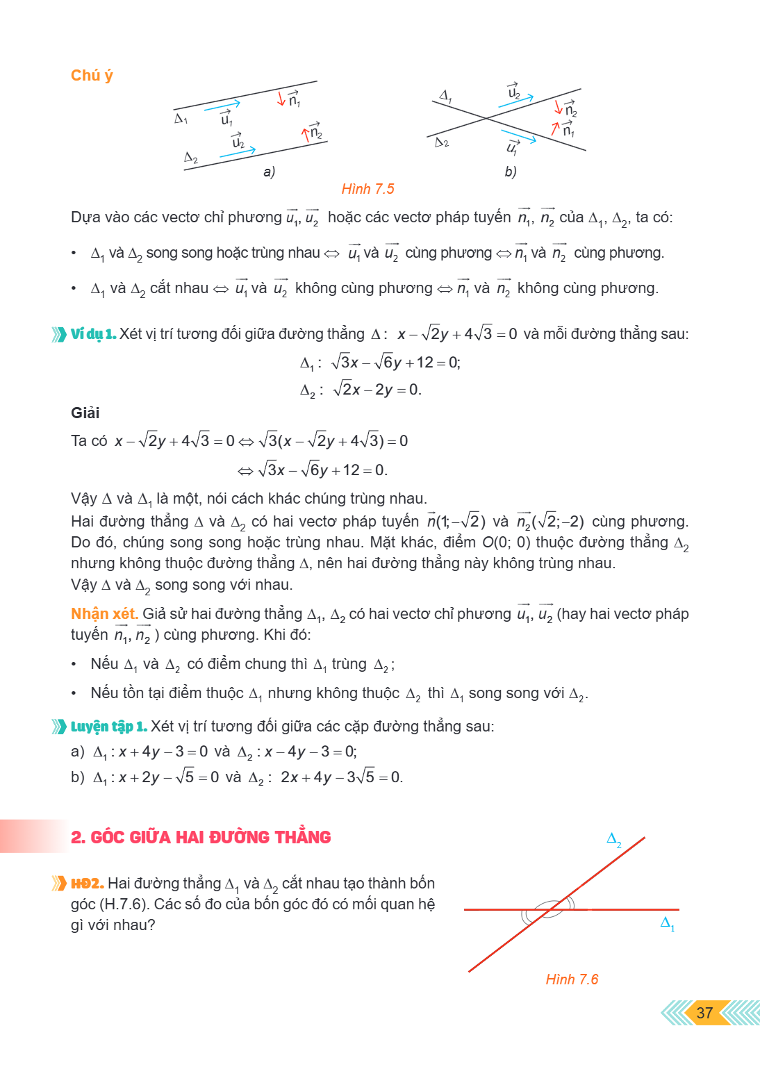 Chú ý Hình 7.5 Dựa vào các vectơ chỉ phương $\overrightarrow{u_1}, \overrightarrow{u_2}$ hoặc các vectơ pháp tuyến $\overrightarrow{n_1}, \overrightarrow{n_2}$ 