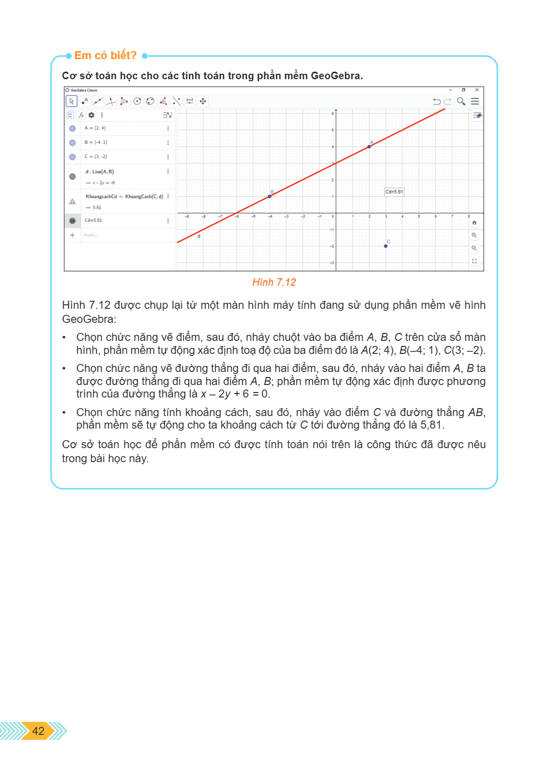 Em có biết? Cơ sở toán học cho các tính toán trong phần mềm GeoGebra. Hình 7.12 Hình 7.12 được chụp lại từ một màn hình máy tính đang sử dụng phần mềm vẽ hình G