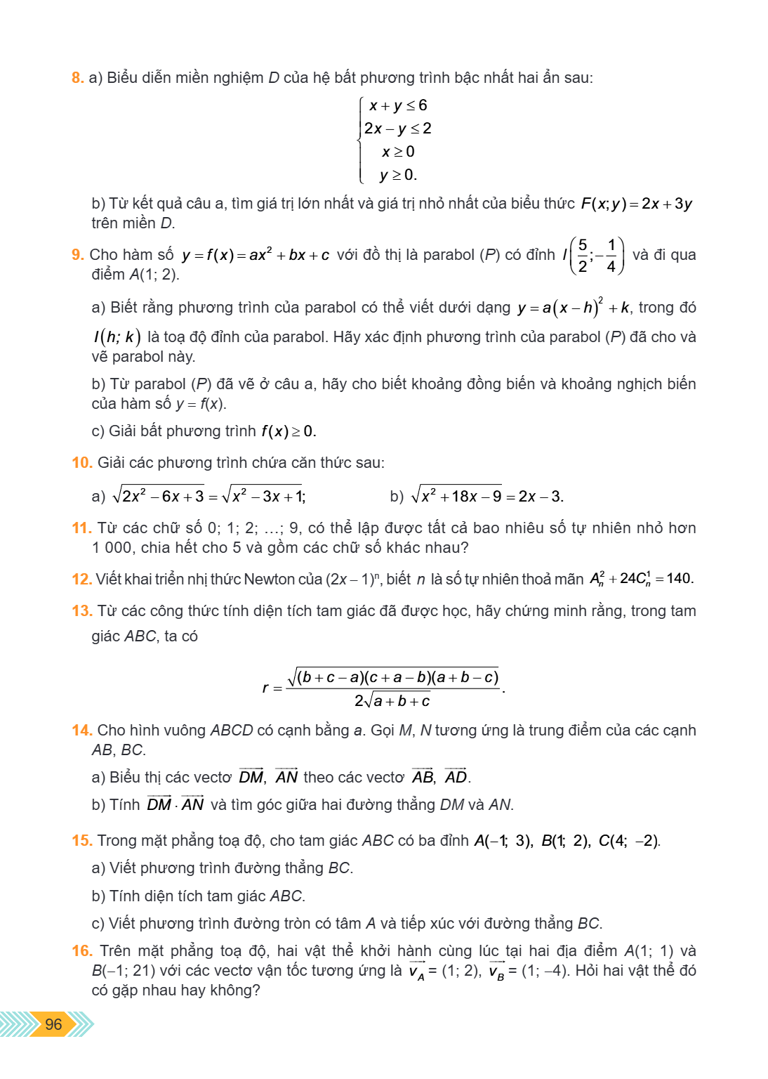 a) Biểu diễn miền nghiệm $D$ của hệ bất phương trình bậc nhất hai ẩn sau: $$ \begin{cases} x + y \leq 6 \ 2x - y \leq 2 \ x \geq 0 \ y \geq 0. \end{cases} $$ b)