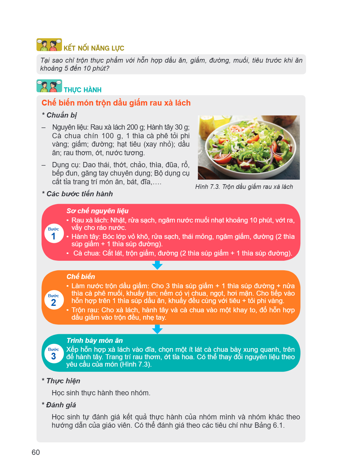 kết nối NĂNG LỰC Tại sao khoảng, chỉ trộn thực phẩm với hỗn hợp dầu ăn, giấm, đường, muối, tiêu trước khi ăn 5 đến 10 phút? Thực hành Chế * Chuẩn - Nguyên Cà và