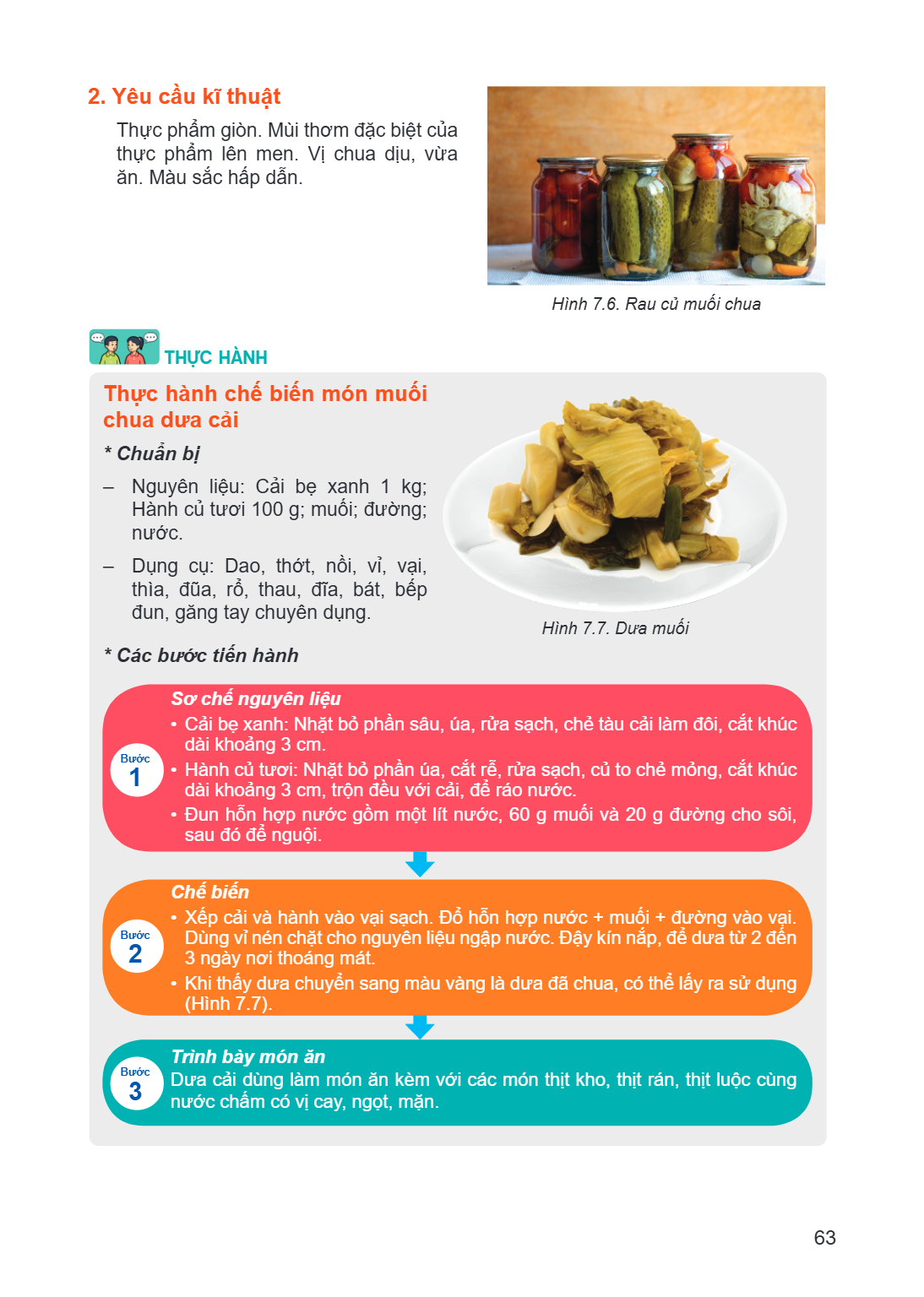 2. Yêu cầu kĩ thuật Thực phẩm giòn. Mùi thơm đặc biệt của thực phẩm lên men. Vị chua dịu, vừa ăn. Màu sắc hấp dẫn. Hình 7.6. Rau củ muối chua Thực hành Thực chu