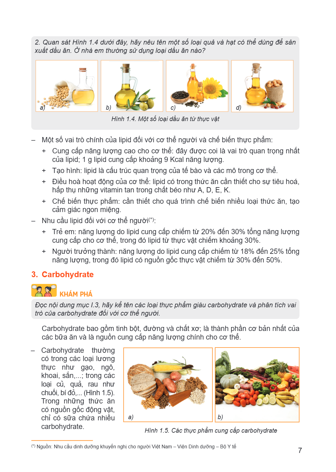 Quan sát Hình 1.4 dưới đây, hãy nêu tên một số loại quả và hạt có thể dùng để sản xuất dầu ăn. Ở nhà em thường sử dụng loại dầu ăn nào? a) b) c) d) Hình 1.4. Mộ