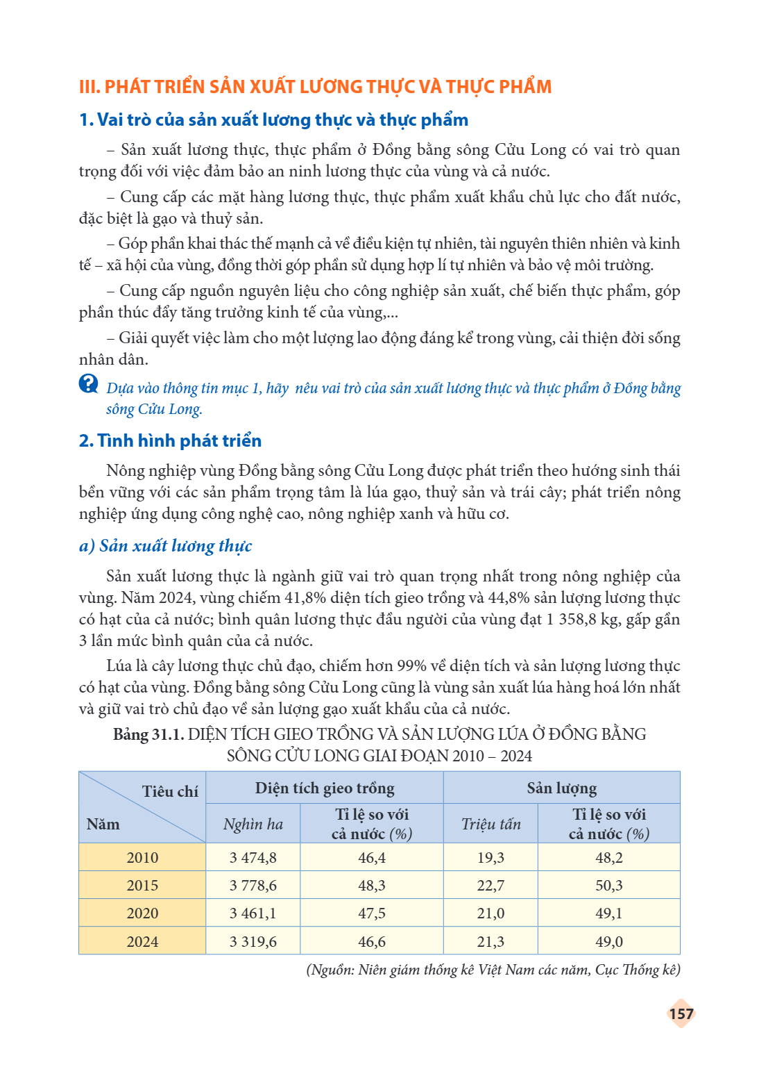 III. PHÁT TRIỂN SẢN XUẤT LƯƠNG THỰC VÀ THỰC PHẨM 1. Vai trò của sản xuất lương thực và thực phẩm – Sản xuất lương thực, thực phẩm ở Đồng bằng sông Cửu Long có v